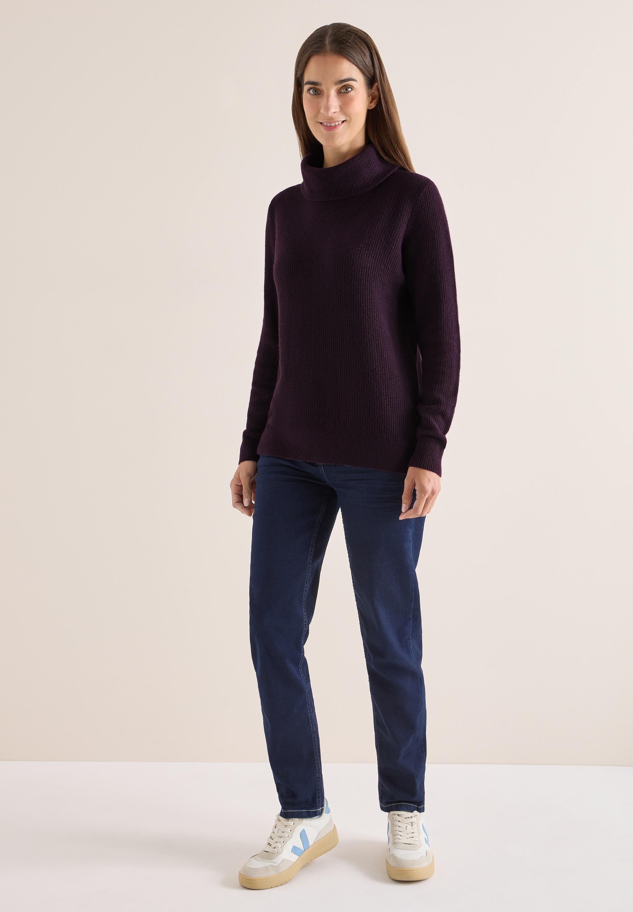 Strickpullover CECIL, Damen, Gr. L (42), eggplant rot, Feinstrick, 44% Nylon, 28% Polyacryl, 24% Baumwolle, 4% Elasthan, unifarben, comfort fit normal, hoch geschlossener Ausschnitt, Rippbündchen, Pullover Strickpullover, mit großem Kragen 2