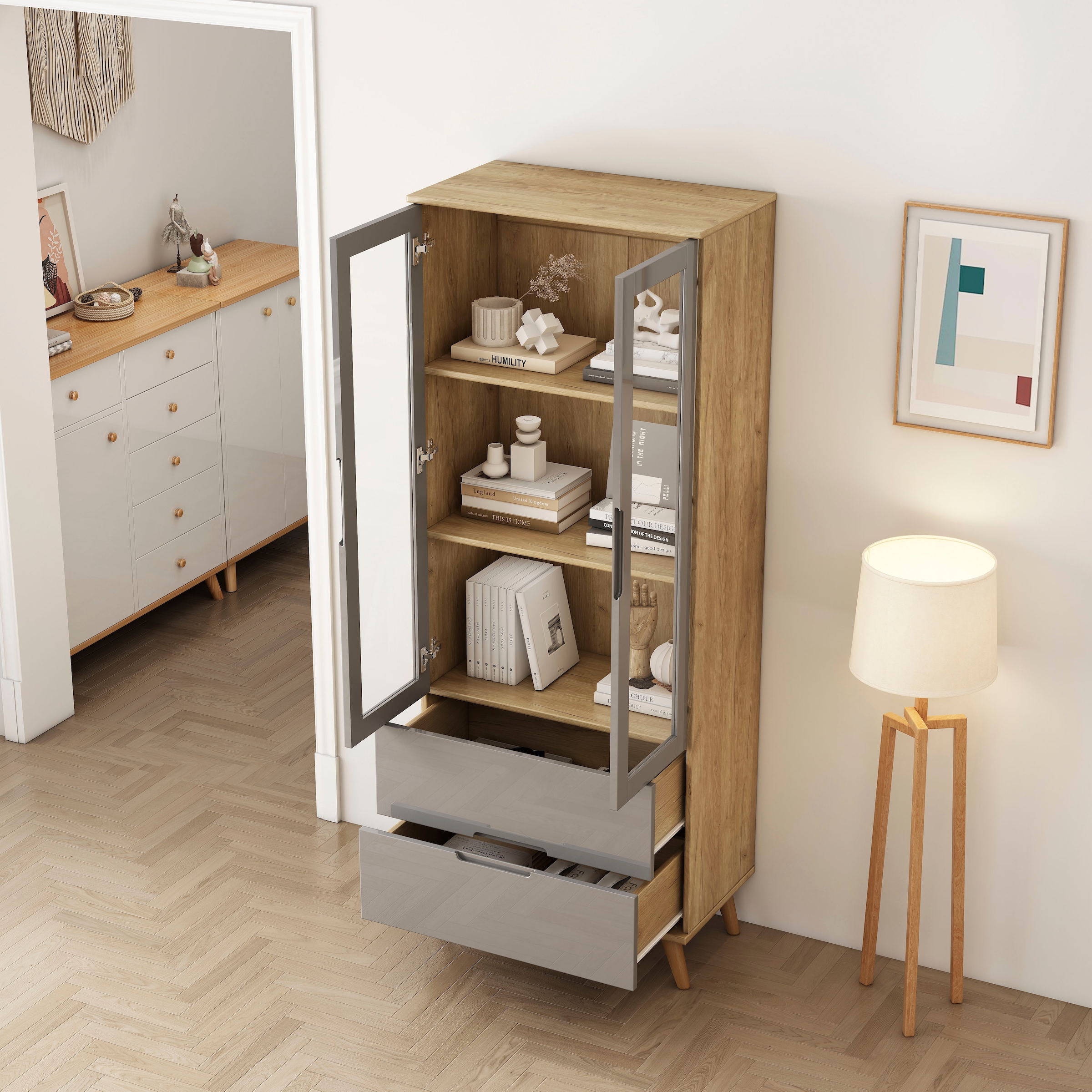 OTTO home Highboard »Lund« mit glänzenden Fronten, Glastüren, helles Holzdekor, Breite 70 cm