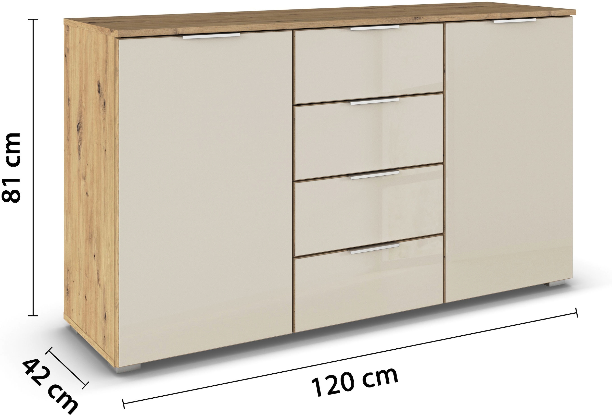 rauch Kombikommode »Sideboard Kombikommode Schubladenkommode AGORDO mit Glasfront«, (in zwei Griff-Farben, Breite 120 cm), vier große Schubladen, mit insgesamt 4 Einlegeböden MADE IN GERMANY