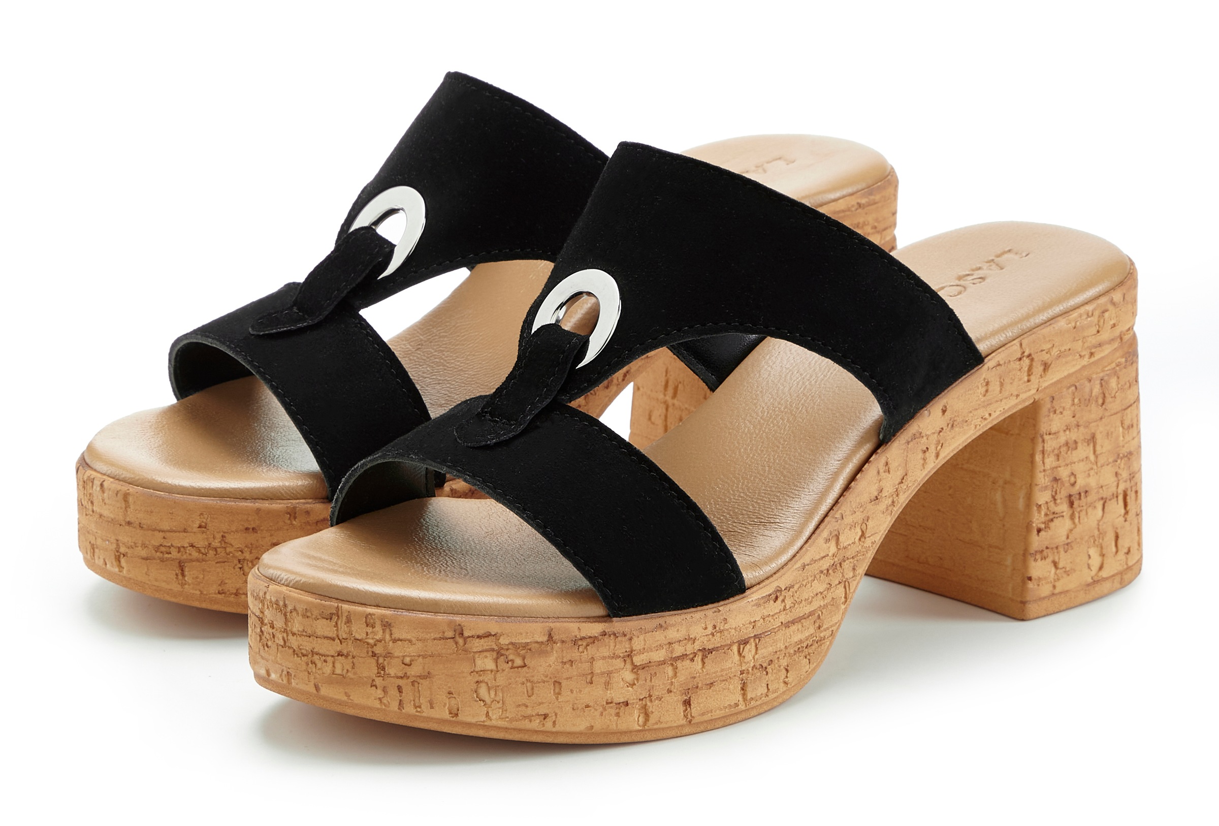 LASCANA Pantolette "Sandale, Mule, offener Schuh, Sommerschuh," aus Leder mit Blockabsatz in Kork-Optik