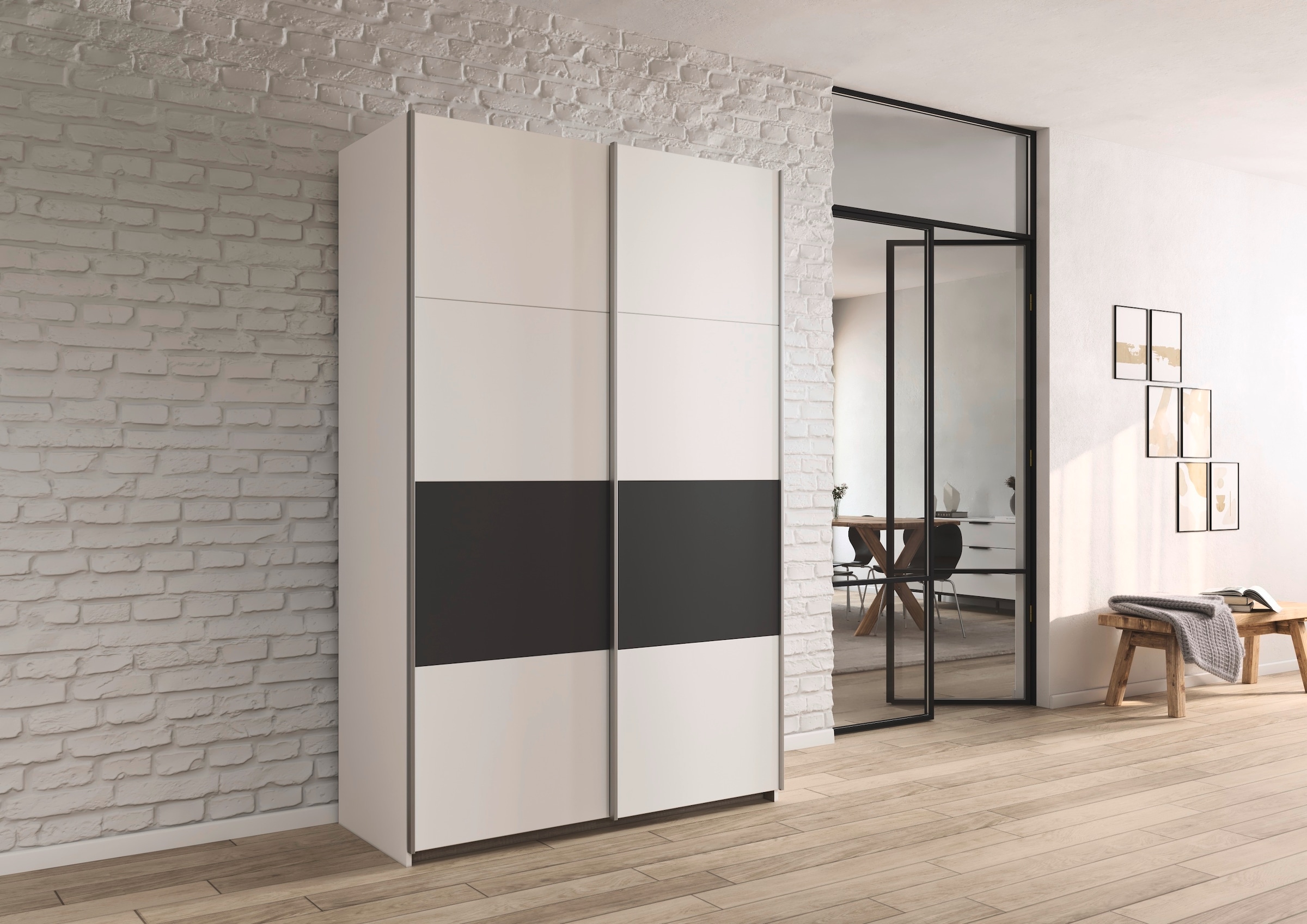 rauch Schwebetürenschrank »Kleiderschrank Schrank Garderobe Schlafzimmerschrank OXFORD«, (in 3 verschiedenen Ausstattungen BASIC/CLASSIC/PREMIUM), mit Griffleisten aus Metall, auch für kleinere Räume MADE IN GERMANY