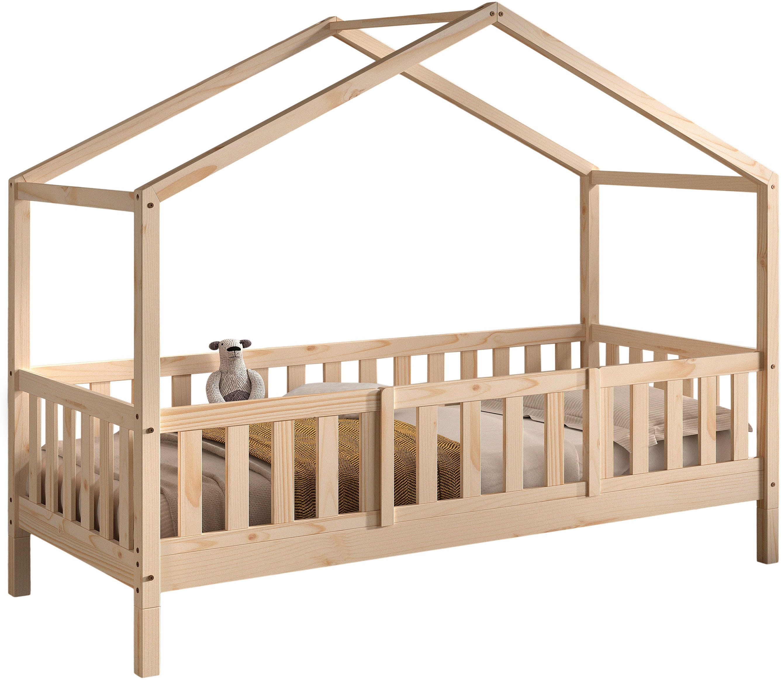 Vipack Hausbett "Dallas, Massivholzbett mit Dachaufbau umbaubar vom Boden- zum Daybett" inkl. Lattenrost, Rausfallschutz, Sprossen, 90 oder 140x200 cm breit, stabil und standfest gebaut, wahlweise Kiefer massiv natur oder weiß