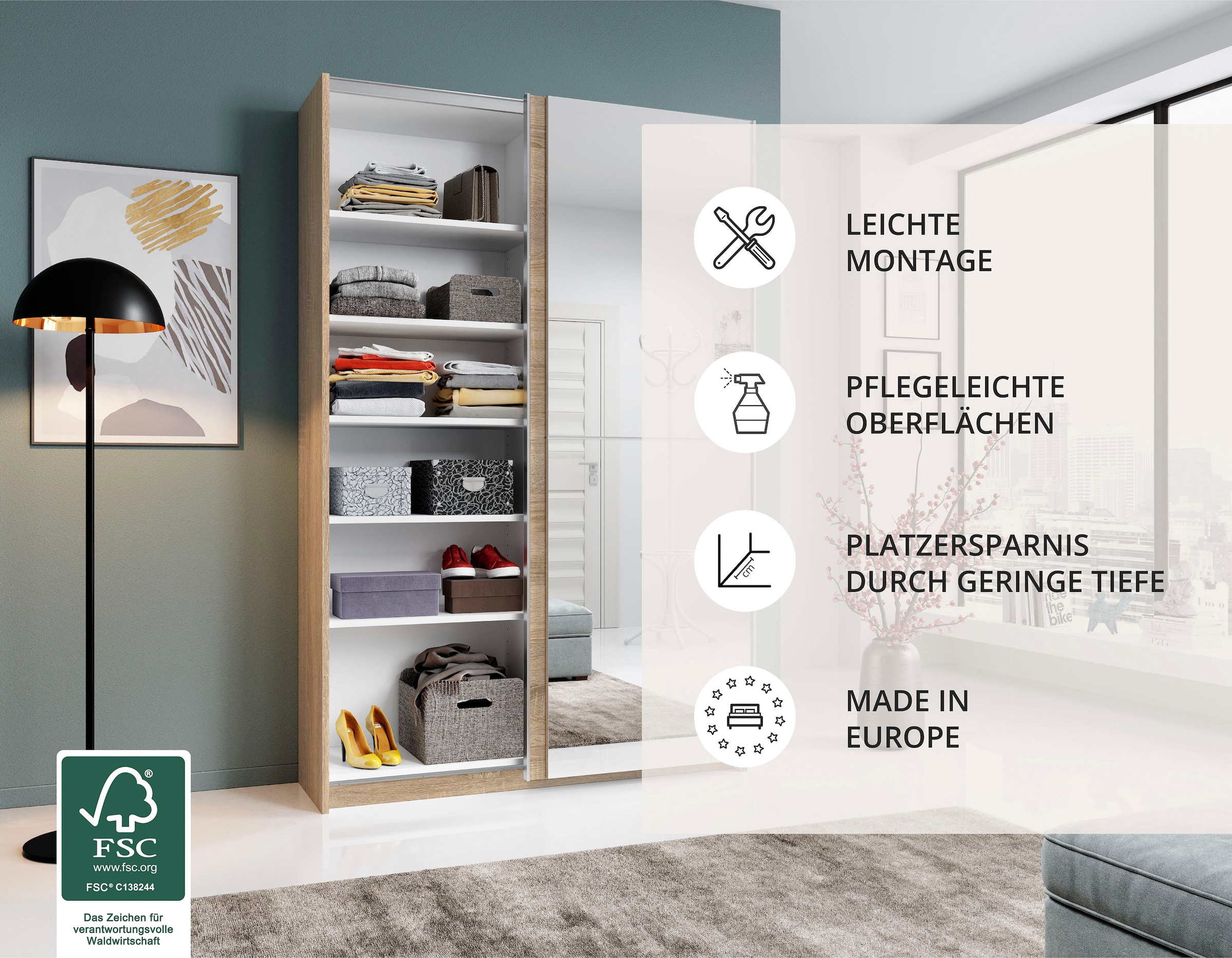 Schlafkontor Schwebetürenschrank »Heimo/Fast Schrank Kleiderschrank Garderobe«, geringe Tiefe, ausziehbarer Kleiderstange, Garderobenschrank, 6 Böden