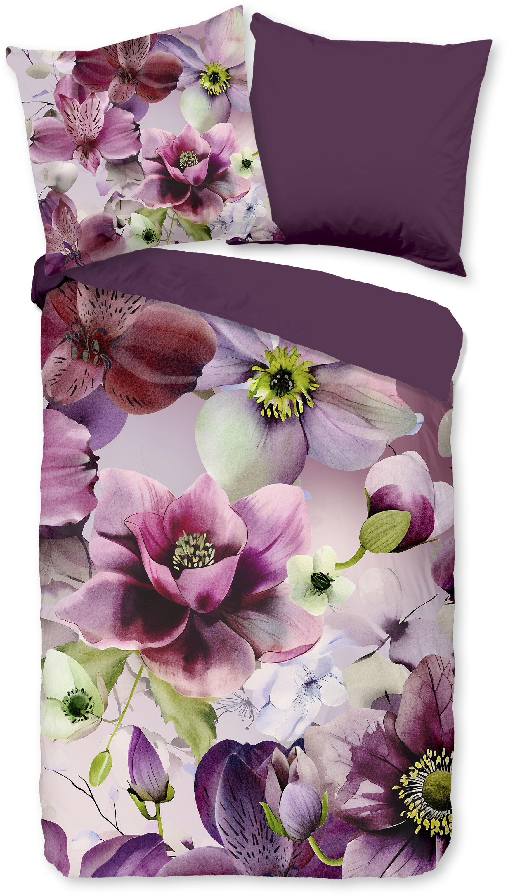 PURE luxury collection Wendebettwäsche "Chimai" 2 Stk. Mikrofaser, Pflegeleicht, Reißverschluss, Wendeoptik, Blume, Bordeaux