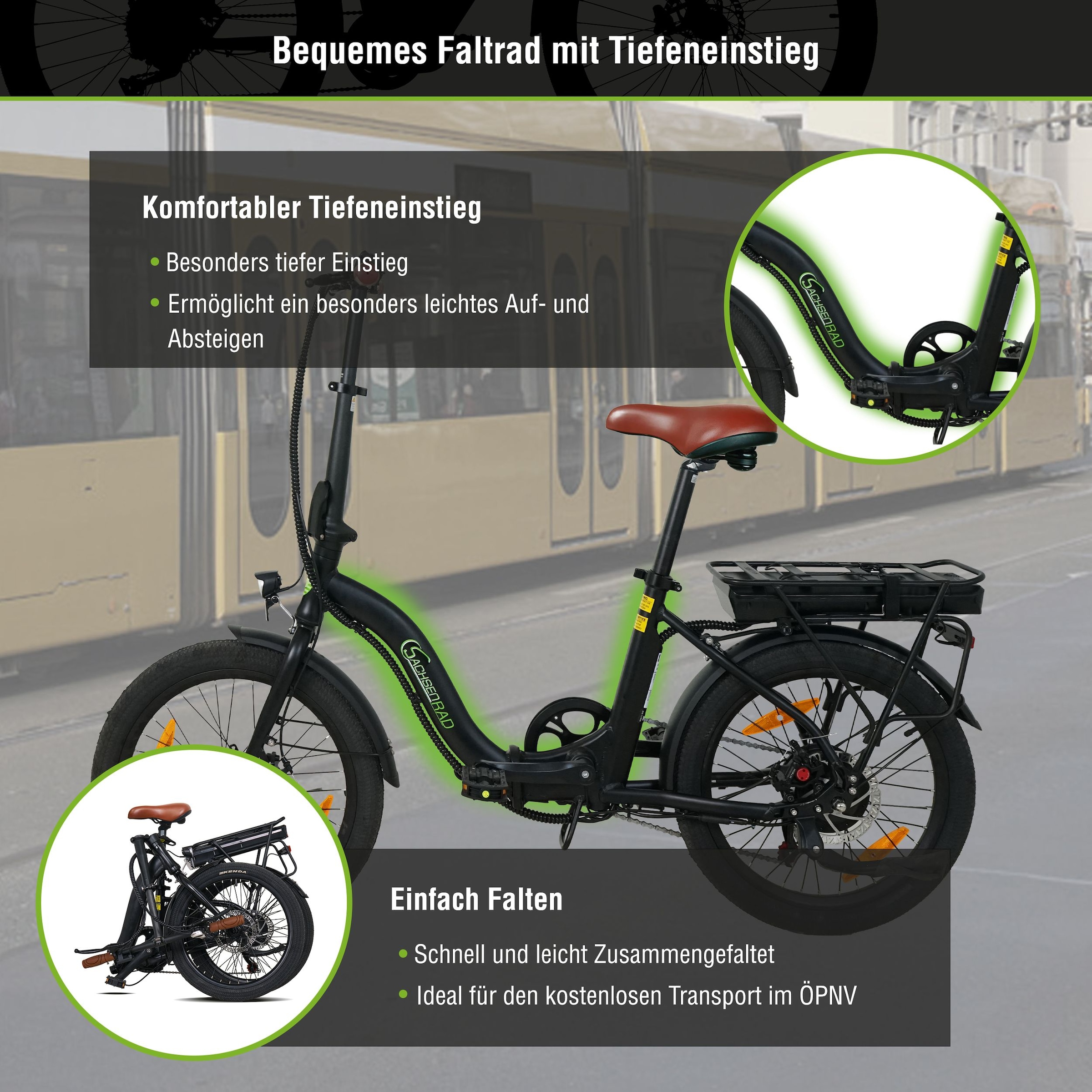 SachsenRad »Faltrad F2 Farmers mit Korb und Alarmanlage« 7 Gang Shimano Kettenschaltung Heckmotor 250 W