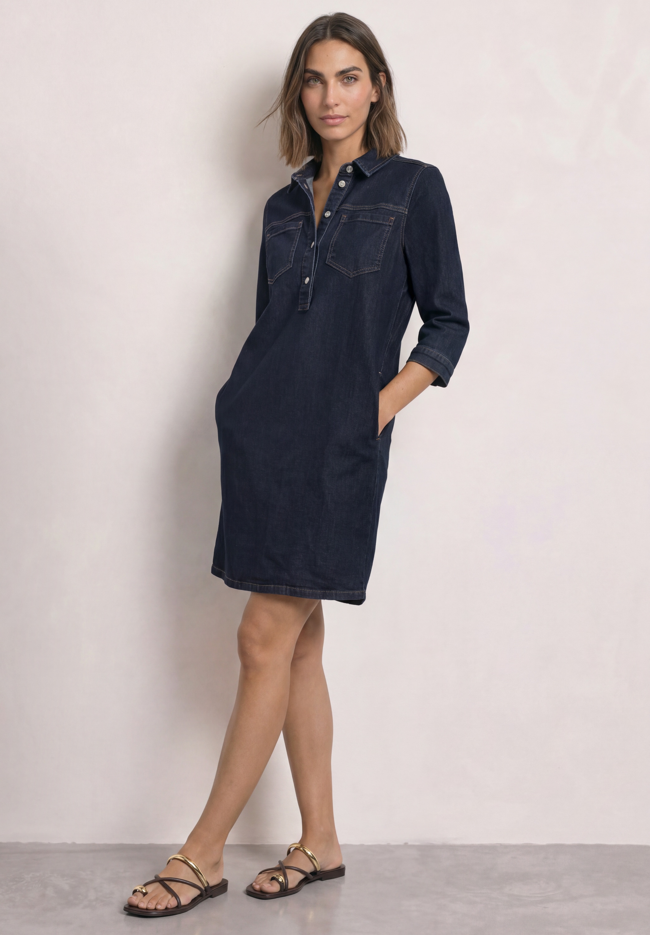 STREET ONE Brusttaschen Knielanges Denim Sommerkleid mit 3/4-Arm