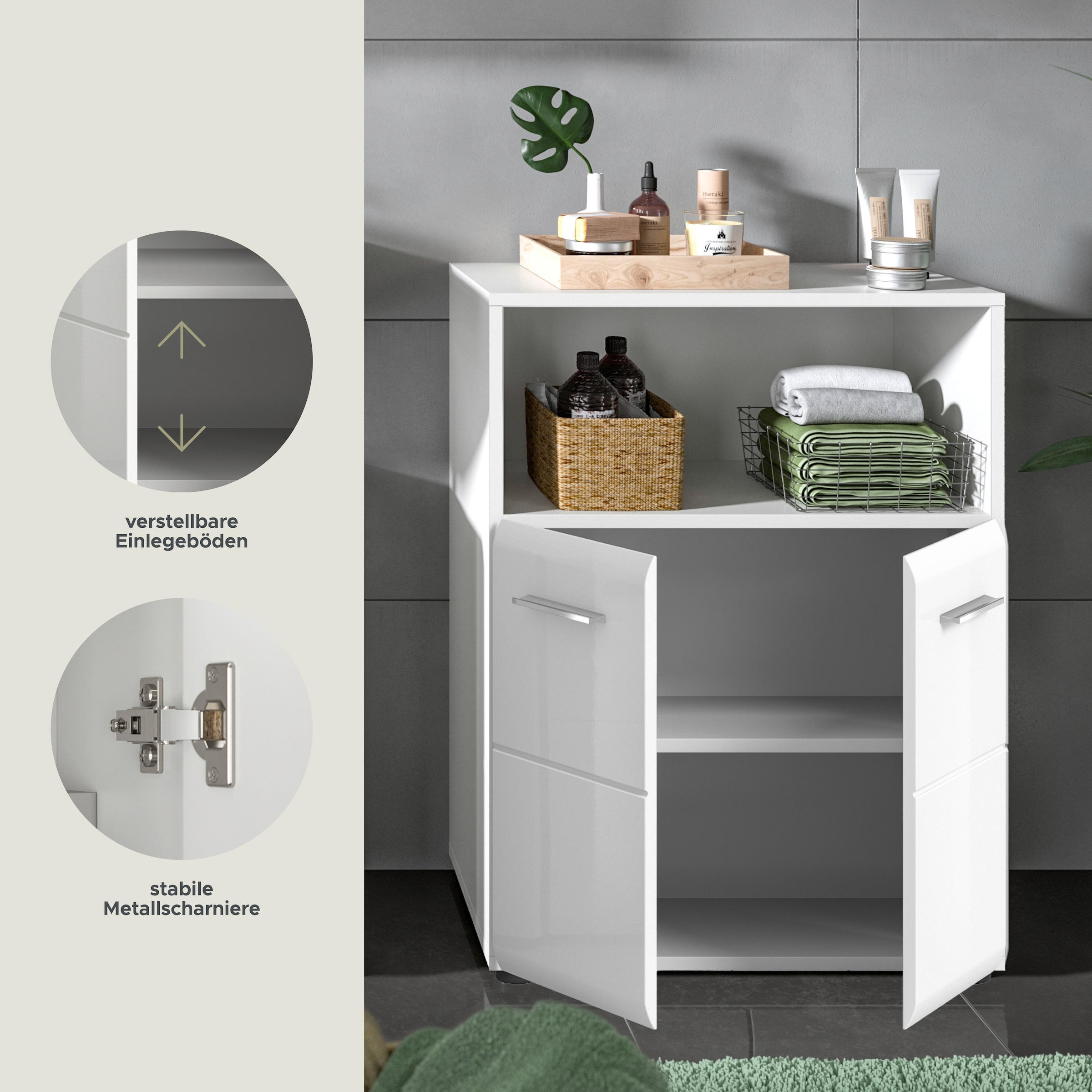 INOSIGN Midischrank »FLORENZ, TOPSELLER!, Breite 60 cm, 2 Türen, 1 Fachboden, 1 offene Fach«, hochwertige MDF Front, Griff chromglänzend, Badschrank, Bad