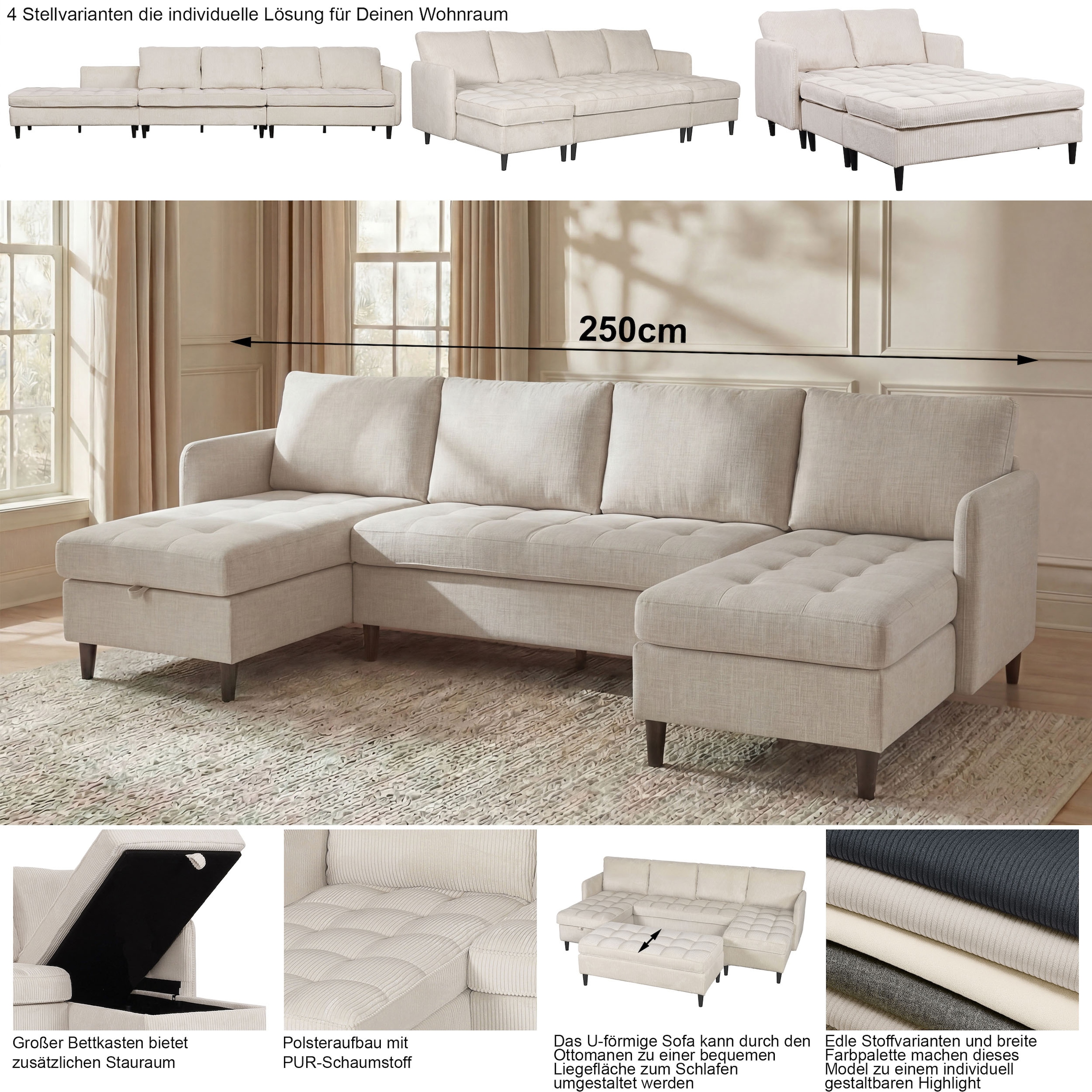Dorel Home Wohnlandschaft »LINDHUS, U-Form, Breite 254 cm, verschiedene Stellvarianten, Modulsofa« Recamiere, Stauraum, Cord und Chenille-Bezug