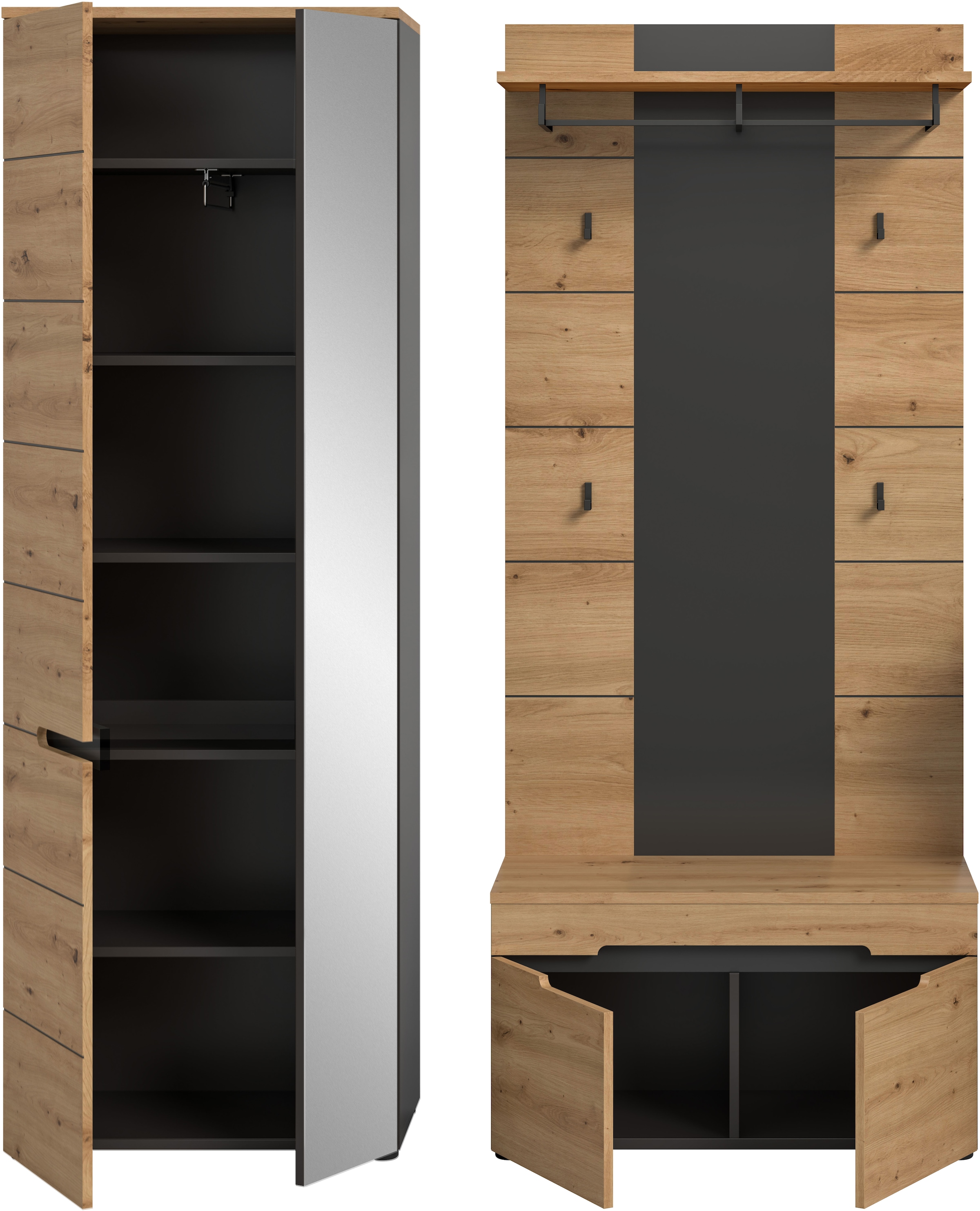 INOSIGN Garderoben-Set, (Set, 3 St., bestehend aus: Garderobenschrank, Sitzbank und Paneel), Garderobenkombination, Kombination, Set, Flurgarderobe, Diele
