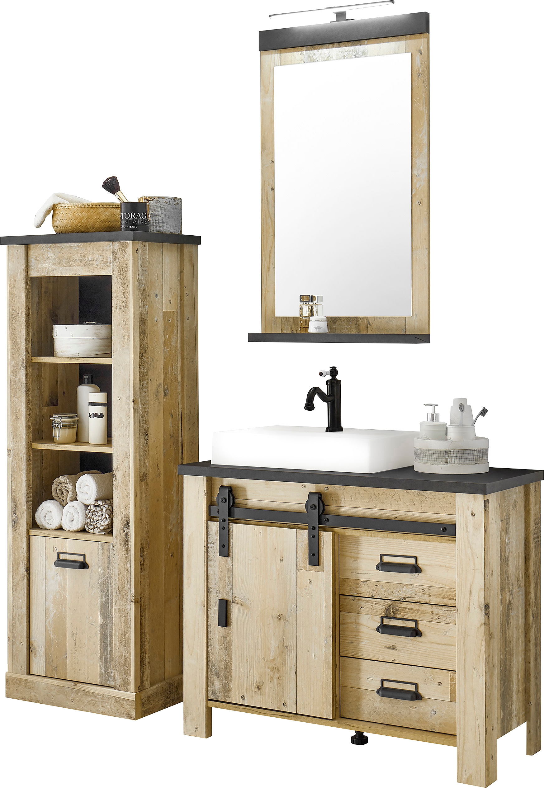 Home affaire Badmöbel-Set »SHERWOOD, Bad im modernen Design, 3-teiliges Badezimmer«, (3 St.), in 2 Farben verfügbar, Scheunentorbeschlag & Apothekergriff aus Metall