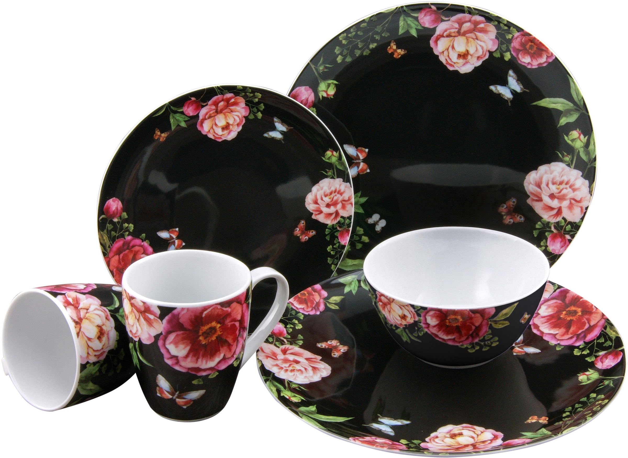 CreaTable Kombiservice »Geschirr-Set Enjoy Roses, Service, Set, Kaffeeservice 16 Europe, Personen im (Set, 4 schwarz«, Made 16 in Tafelservice BAUR für für Personen), Teile, und tlg., 4 