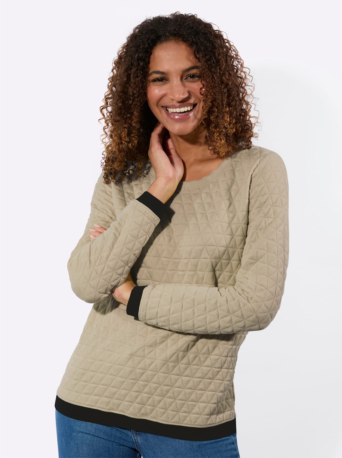 Langarmshirt CASUAL LOOKS "Jacquard-Shirt", Damen, Gr. 54, schlamm, 58% Polyester, 40% Baumwolle, 2% Elasthan, unifarben, Rundhals, Shirts Langarmshirt