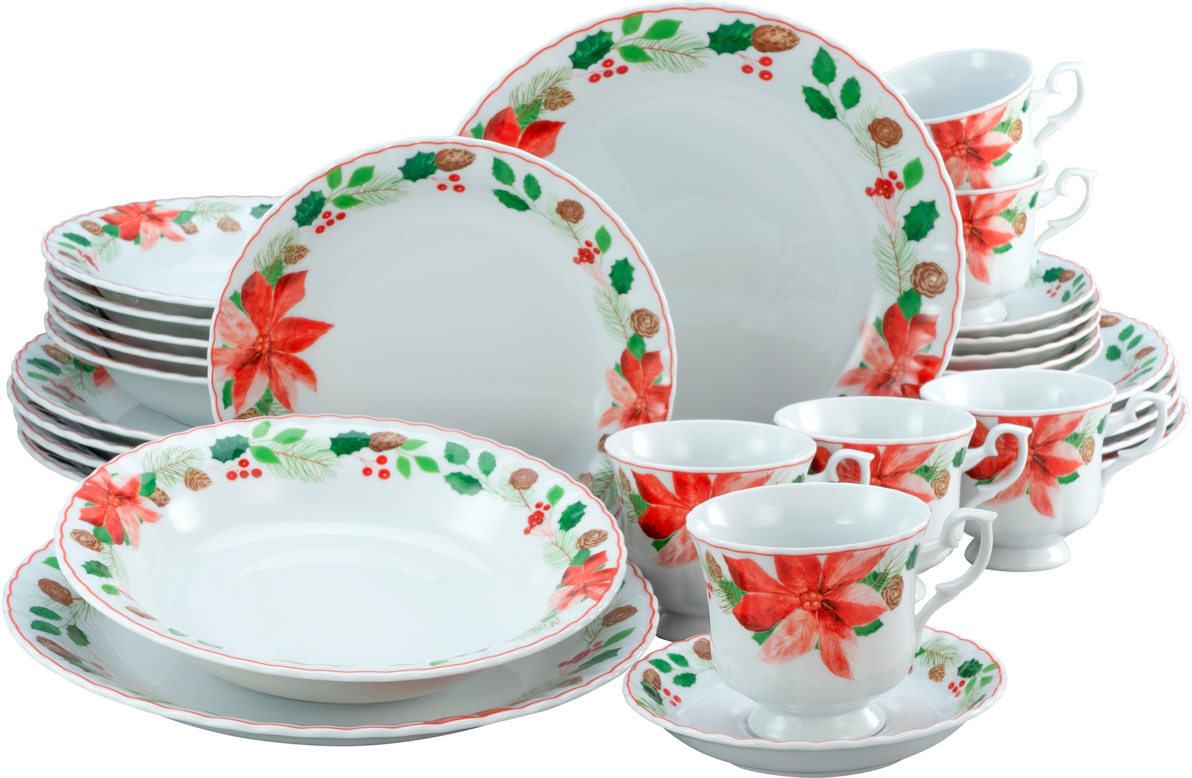 CreaTable Kombiservice »Geschirr-Set Ivona, Winter, Advent, Weihnachten«, (Set, 30 tlg., Kaffeeservice und Tafelservice im Set, für 6 Personen), Service, Tasse auf Fuß, festliches Dekor, 30 Teile, für 6 Personen