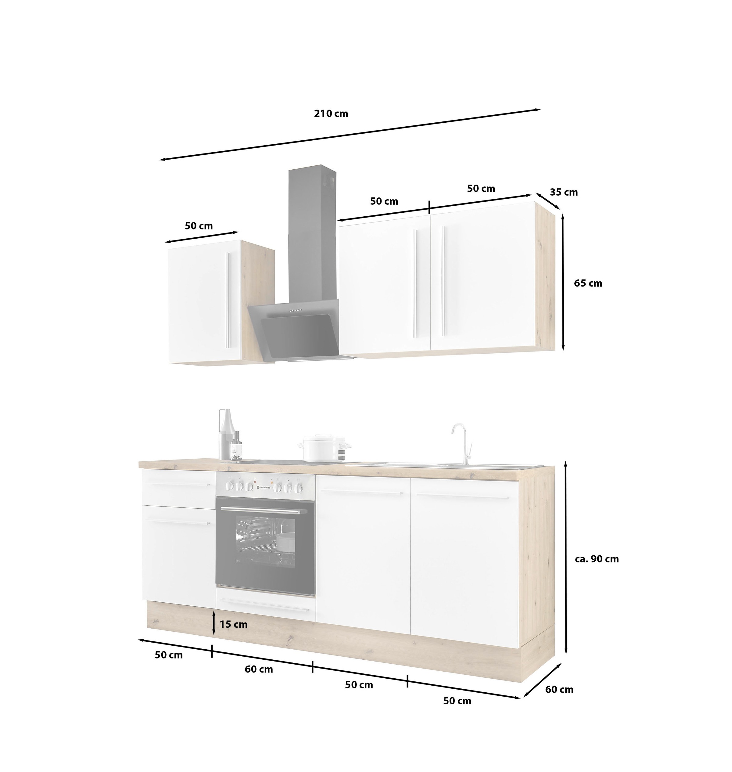 Kochstation Küchenzeile »KS-Florida mit 38mm starker Arbeitsplatte«, Breite 210 cm, wahlweise mit E-Geräten, Soft-Close-Funktion