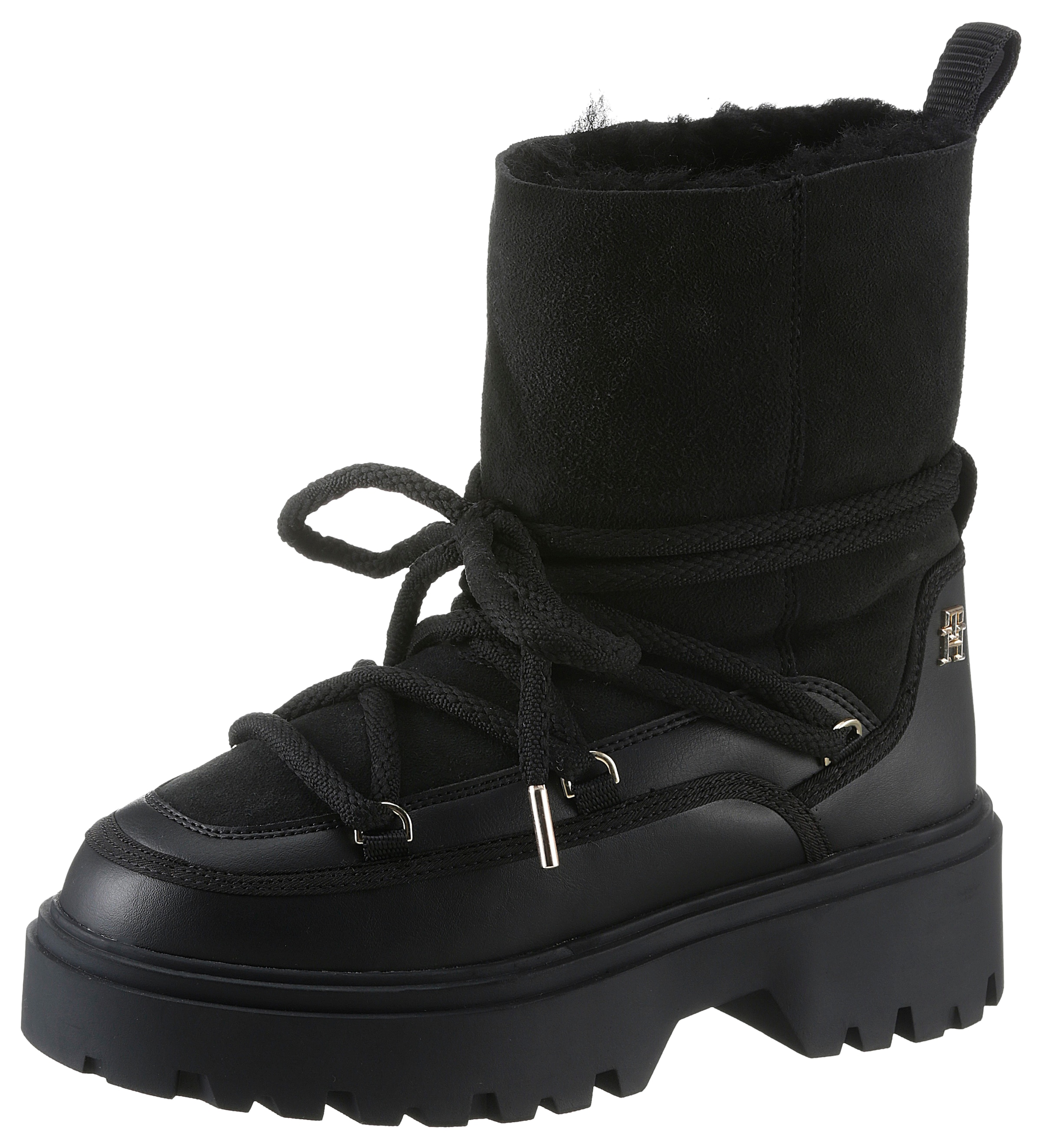 Tommy Hilfiger Snowboots "REAL SHEARLING LACE-UP SNOWBOOT", Blockabsatz, Winterboots, Schneestiefel, aufgesetzte Schnüru