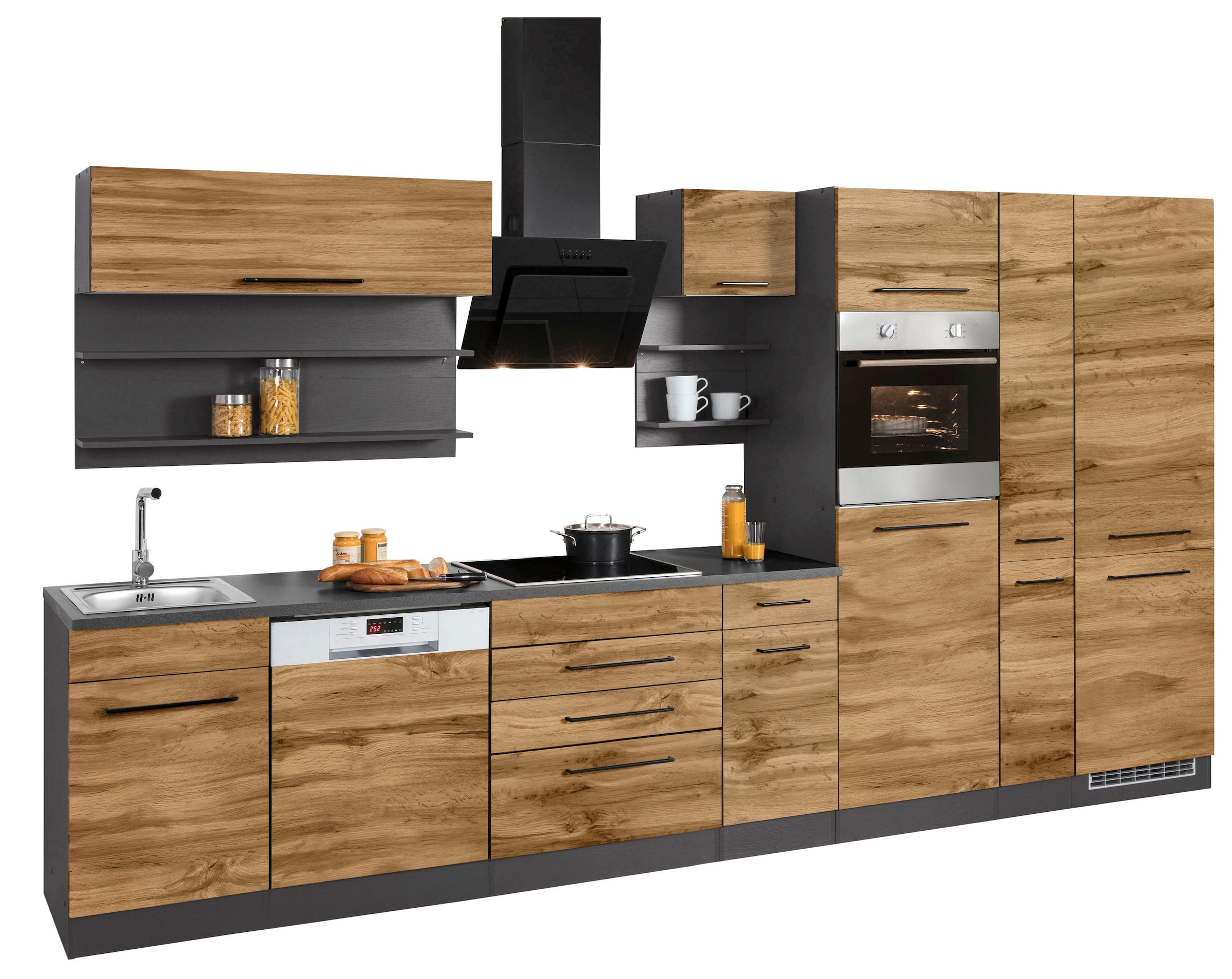 KOCHSTATION Küchenzeile »KS-Tulsa«, mit E-Geräten, Breite 360 cm, schwarze Metallgriffe, MDF Fronten