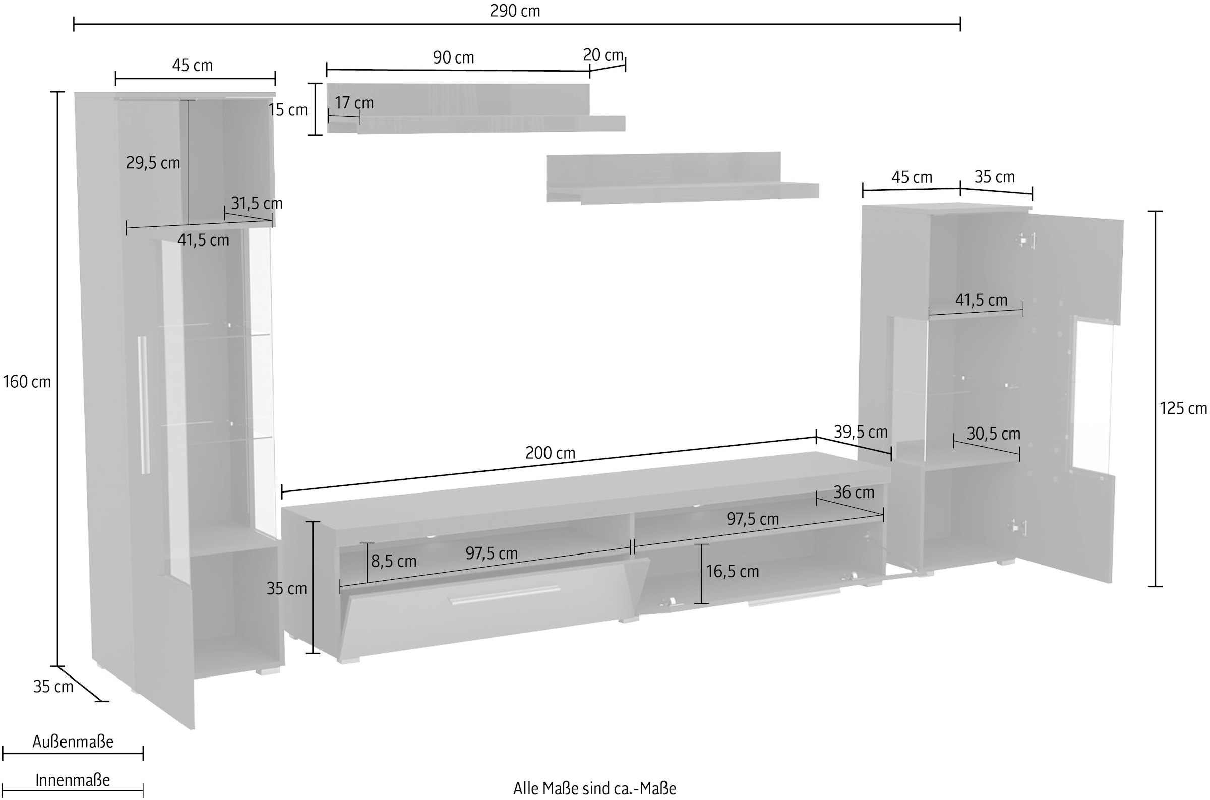 INOSIGN Wohnwand »India,Breite 290cm moderne Mediawand ohne Beleuchtung«, (Set, 5 St., fdete), Anbuwand (Set,5-St, 2xVitrine, 1TV-Schrank, 2xWandregal) viel Stauraum