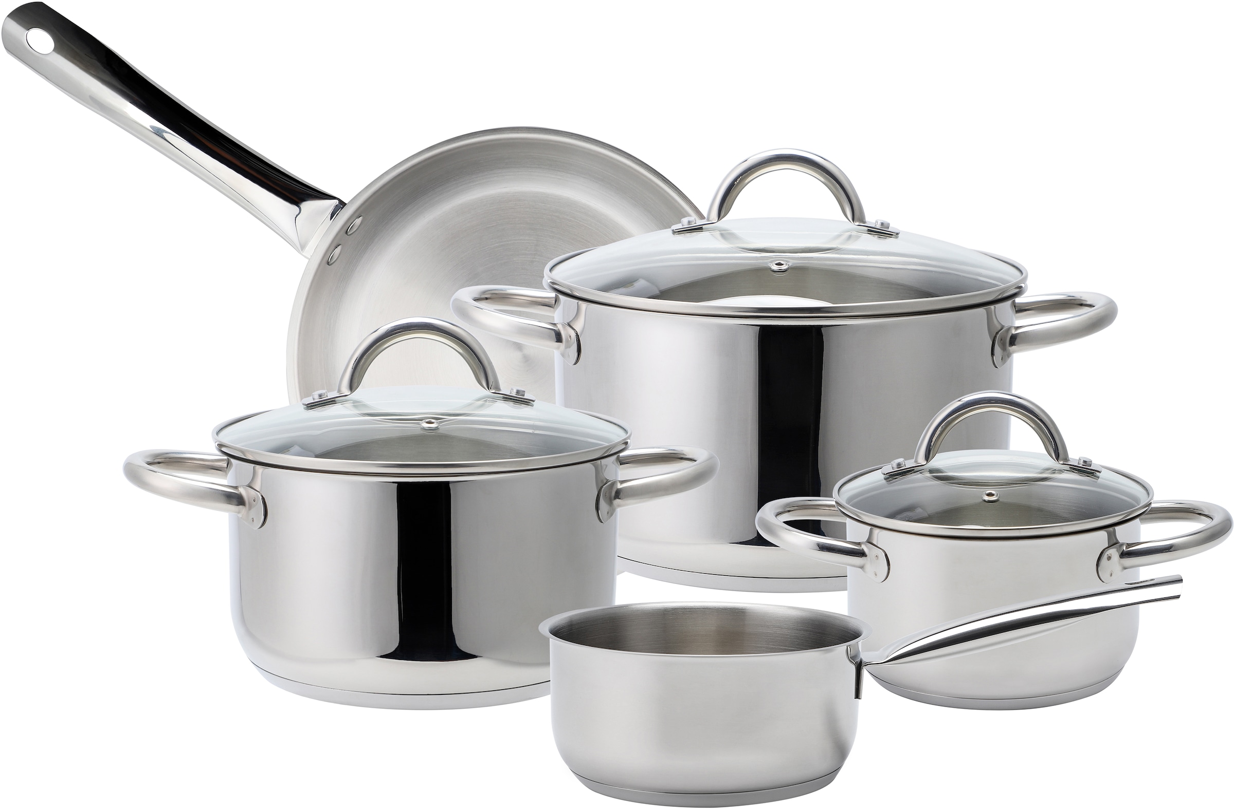 Topf-Set kaufen 8 Edelstahl Bratpfanne), 18/8, x BAUR Induktion alle Stielkasserole (Set, tlg., | geeignet, Glasdeckel, Kochtopf, Töpfe und Herdarten für 3 »Silber-Edition«, mit ECHTWERK