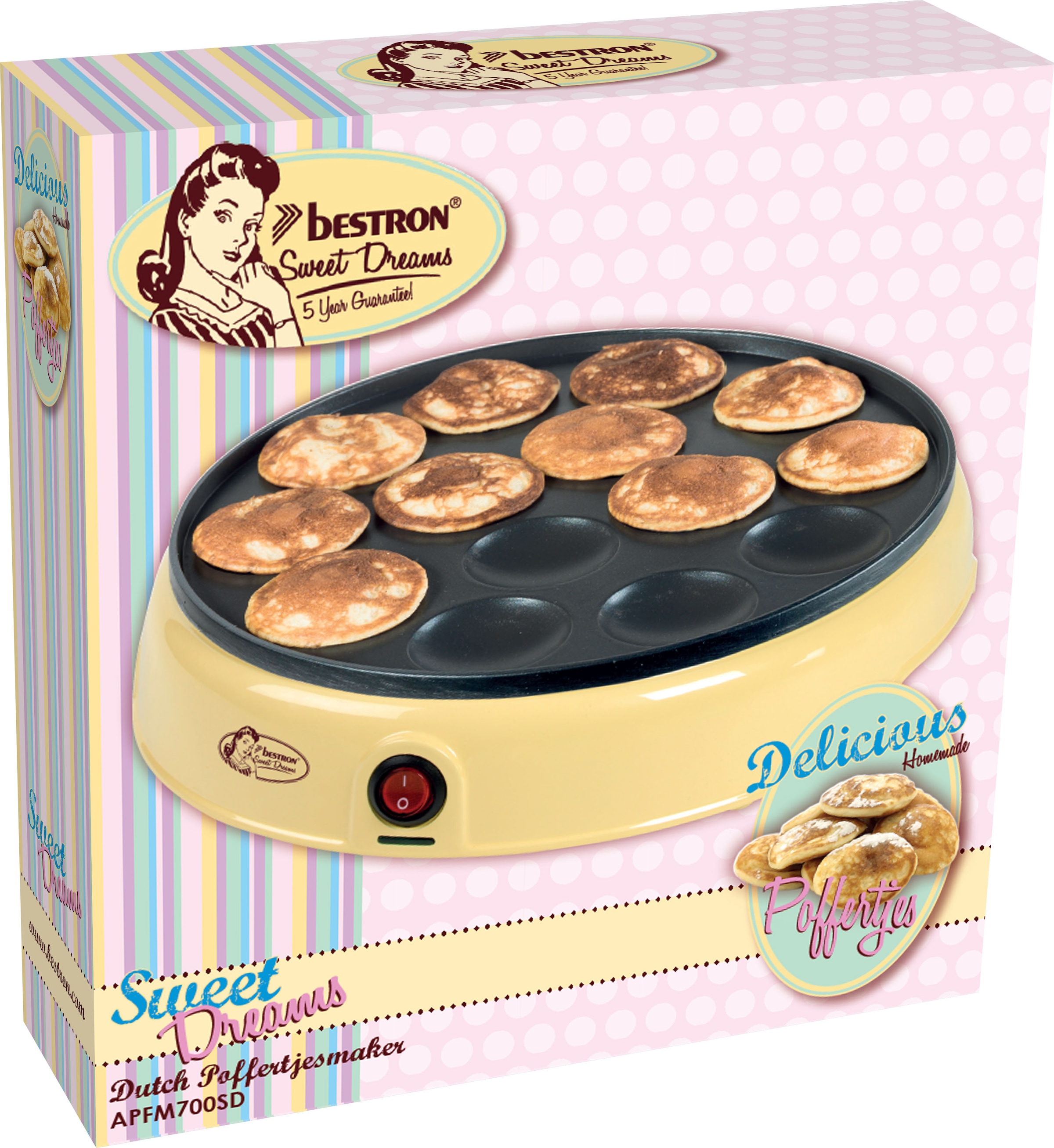 bestron Poffertjes-Maker »APFM700SD Sweet Dreams«, 800 W, im Retro Design, Mini Pfannkuchen Automat, Antihaftbeschichtung