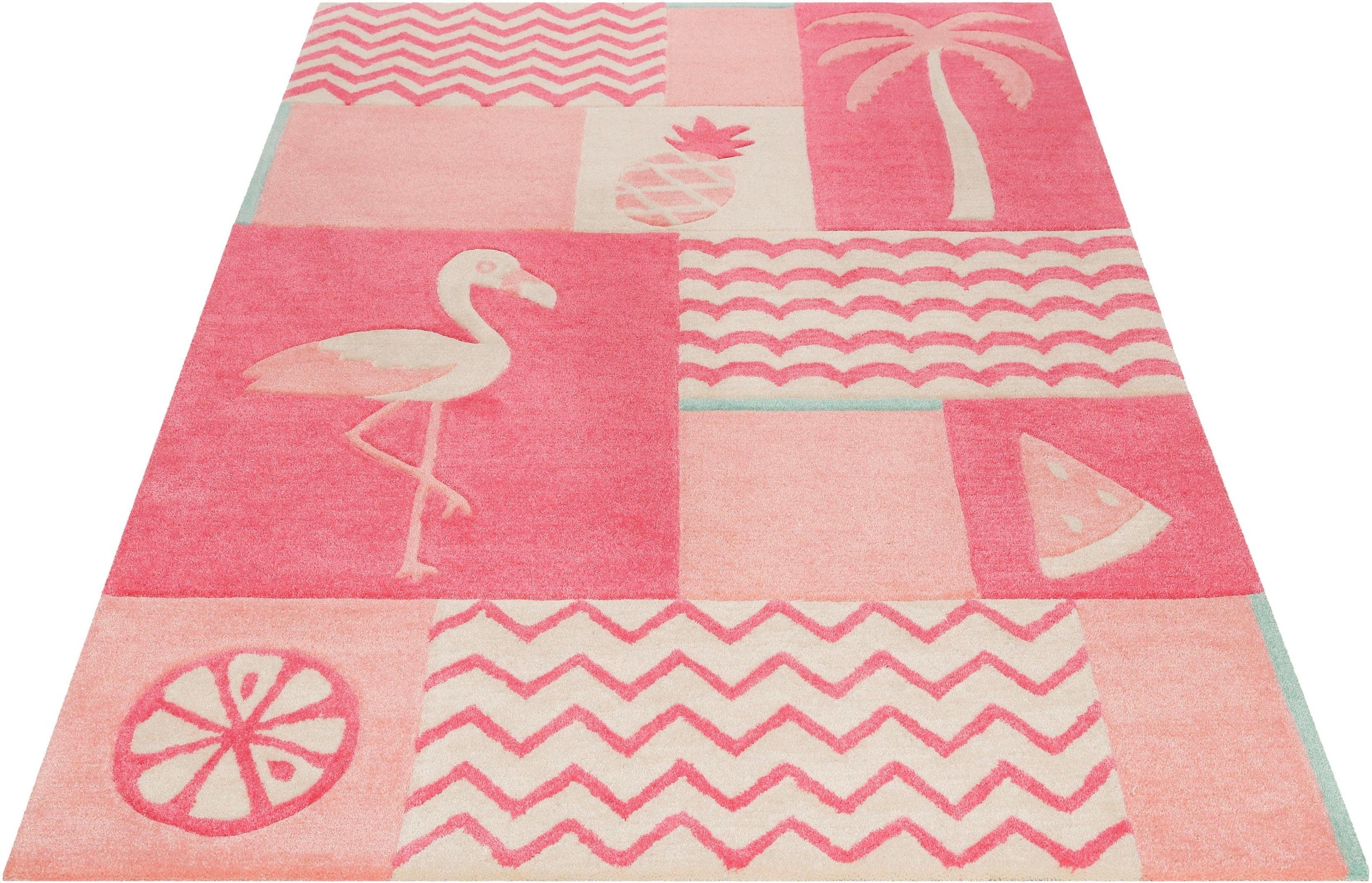 SMART KIDS Kinderteppich "Fruity Flamingo", rechteckig, Flamingos Palmen, Konturenschnitt