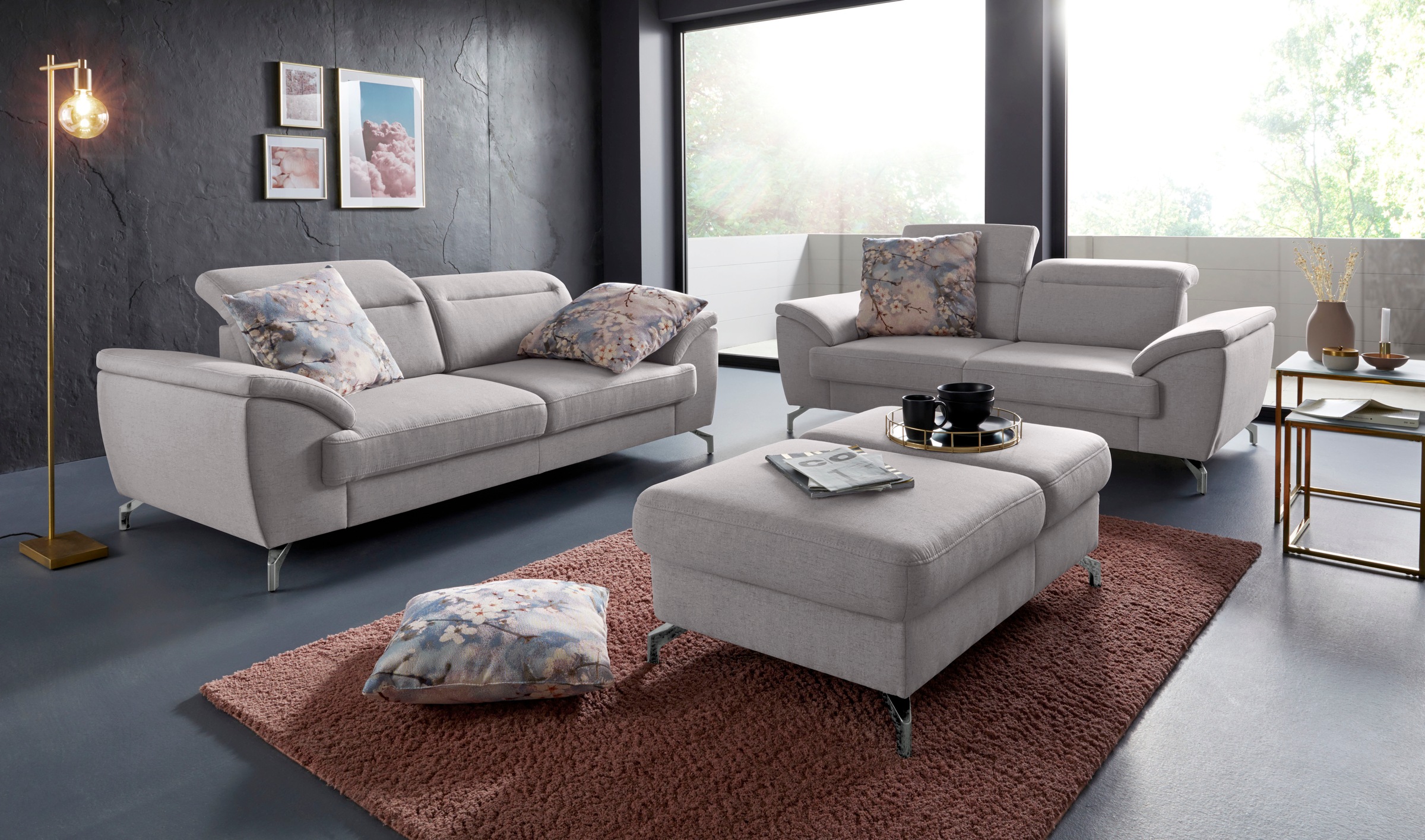 Hocker SIT & MORE "Percy", grau, B:114cm H:43cm T:71cm, Hocker, Sitzhocker, Fußhöhe 12 cm, mit Klappfunktion, wahlweise in 2 Fußfarben 6