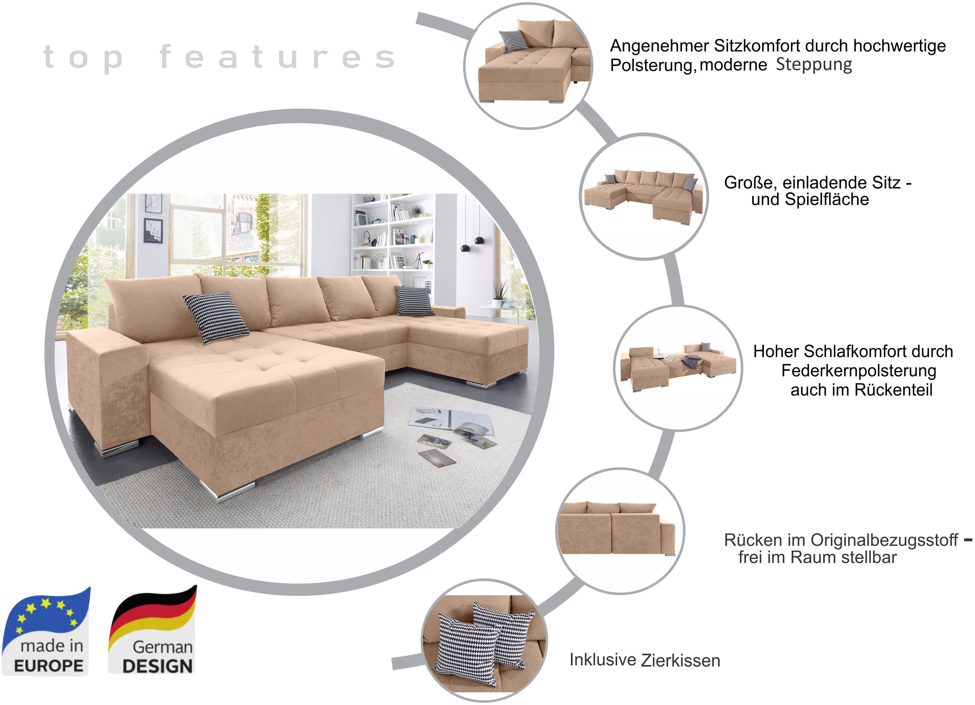 Thumbnail - COLLECTION AB Wohnlandschaft "Josy XXL U-Form, B: 333 cm, mit 2 Recamieren 77 & 97 cm" mit Bettfunktion, Bettkasten & 2 ...