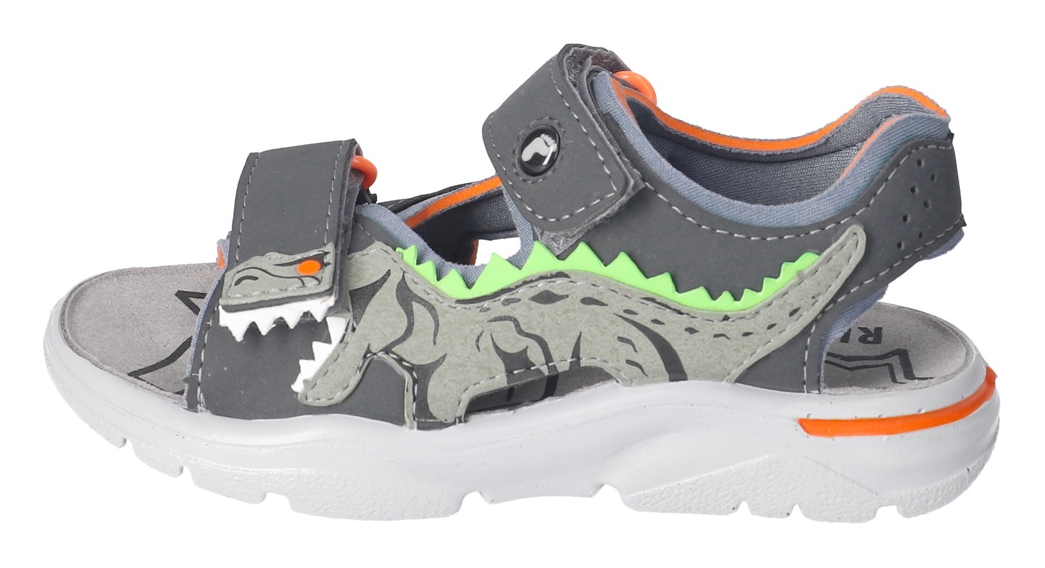 RICOSTA Jungen Sandale "Raptor WMS: mittel", Gr. 25grau, grün, orange dino, Lederimitat, Textil, Schuhe, Sandale mit Klett, Dino-Print,