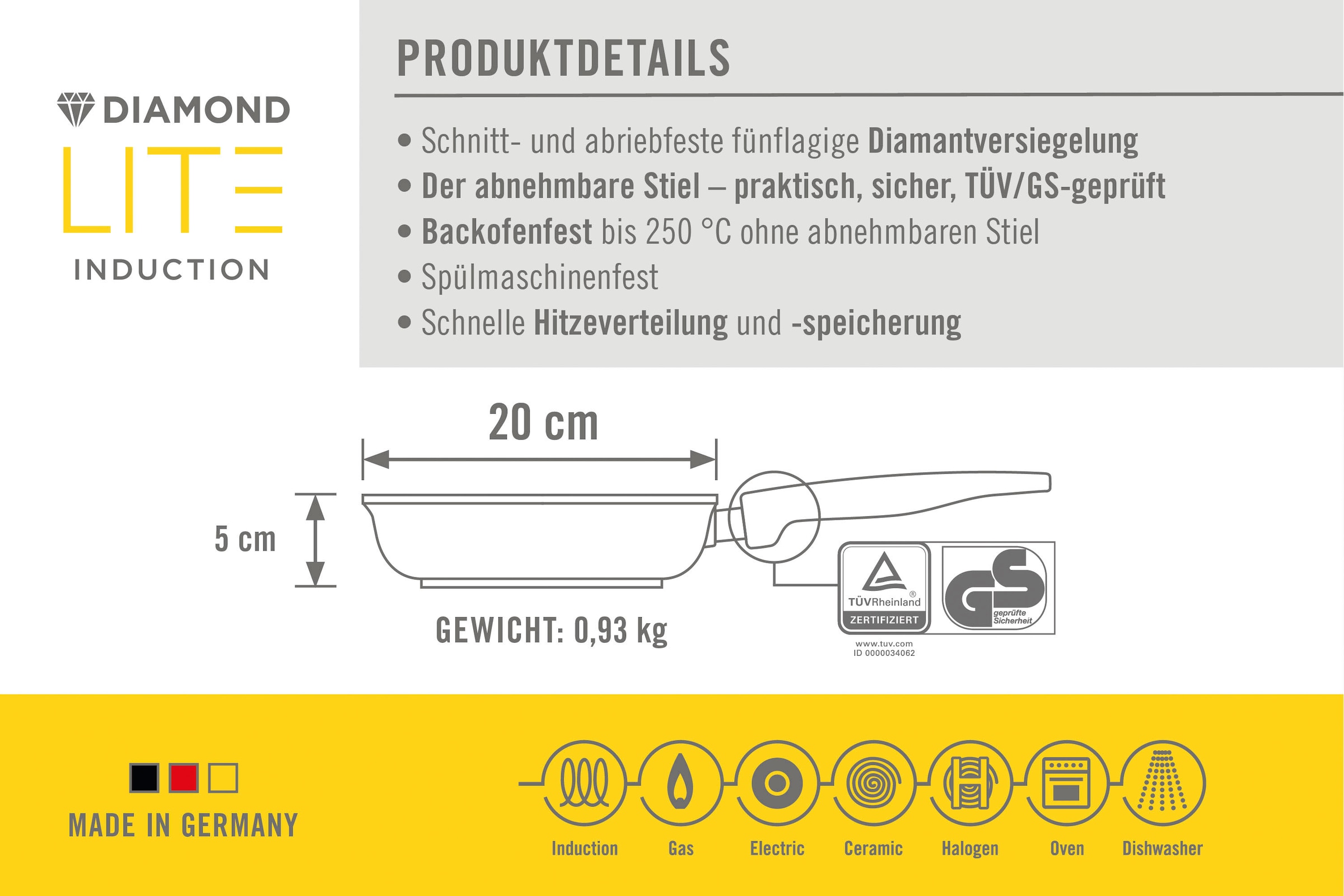 WOLL MADE IN GERMANY Bratpfanne »Diamond Lite«, Aluminium, (Set, 3 tlg.), Induktion, inkl. Pfannenwender, abnehmbarer Stiel, Made in Germany