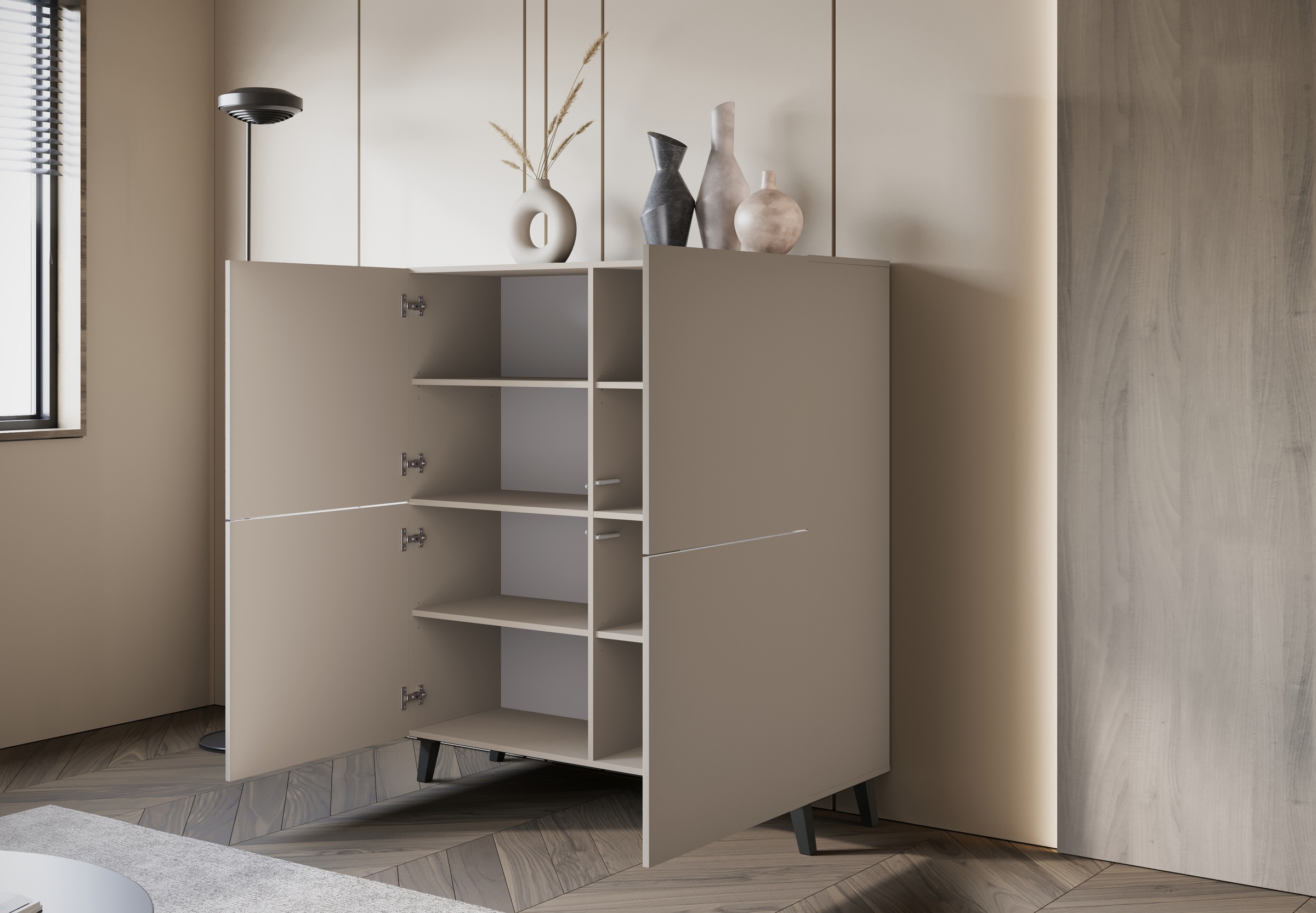 Home affaire Highboard »HIGHBOARD PHUKET II, Stilvolle, grifflose Hochkommode, Breite 120cm« Mit 4 Türen und 8 Fächern und höhenverstellbaren Einlegeböden