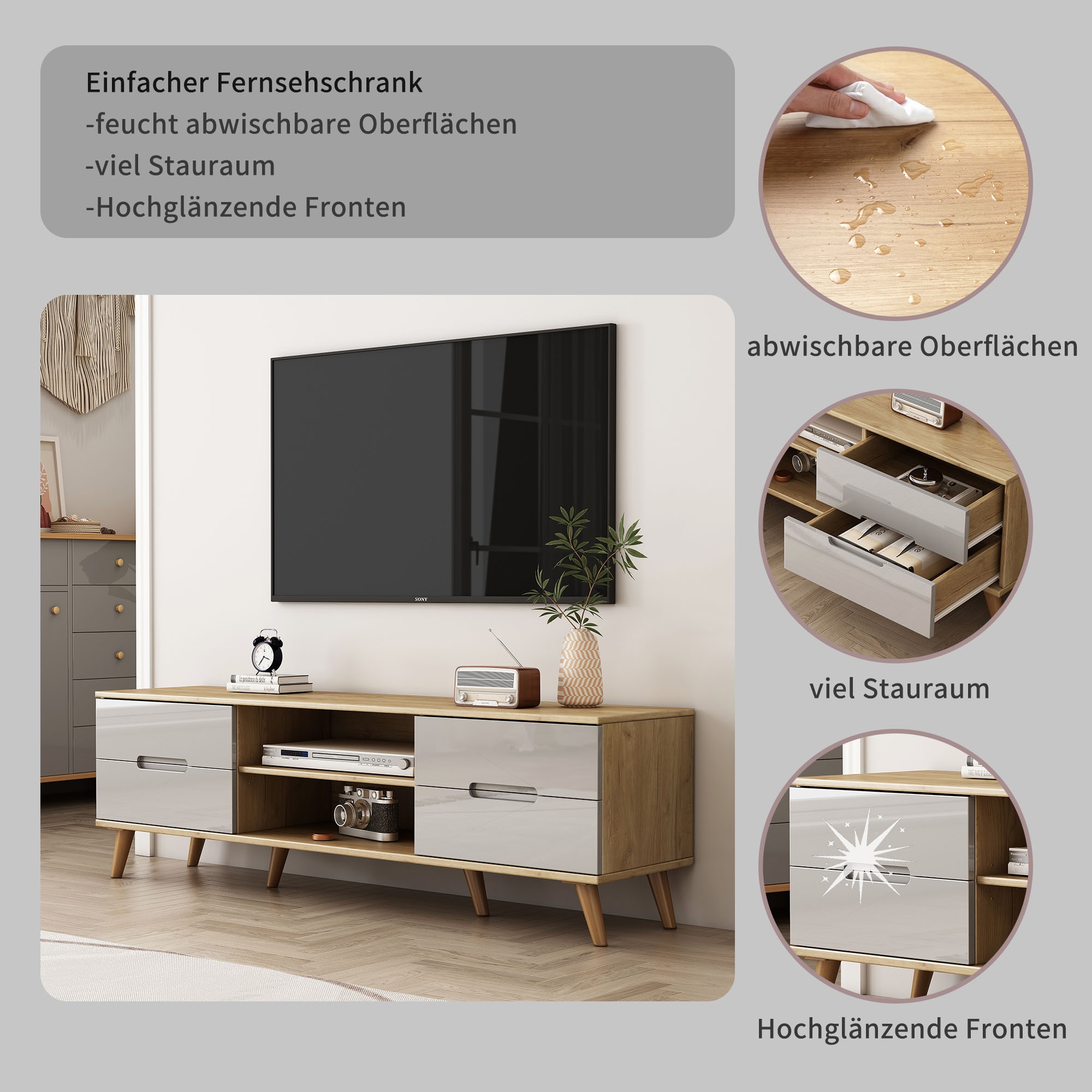 OTTO home TV-Board »Lund« glänzende Fronten, Kabeldurchführung, helles Holzdekor, Breite 160 cm