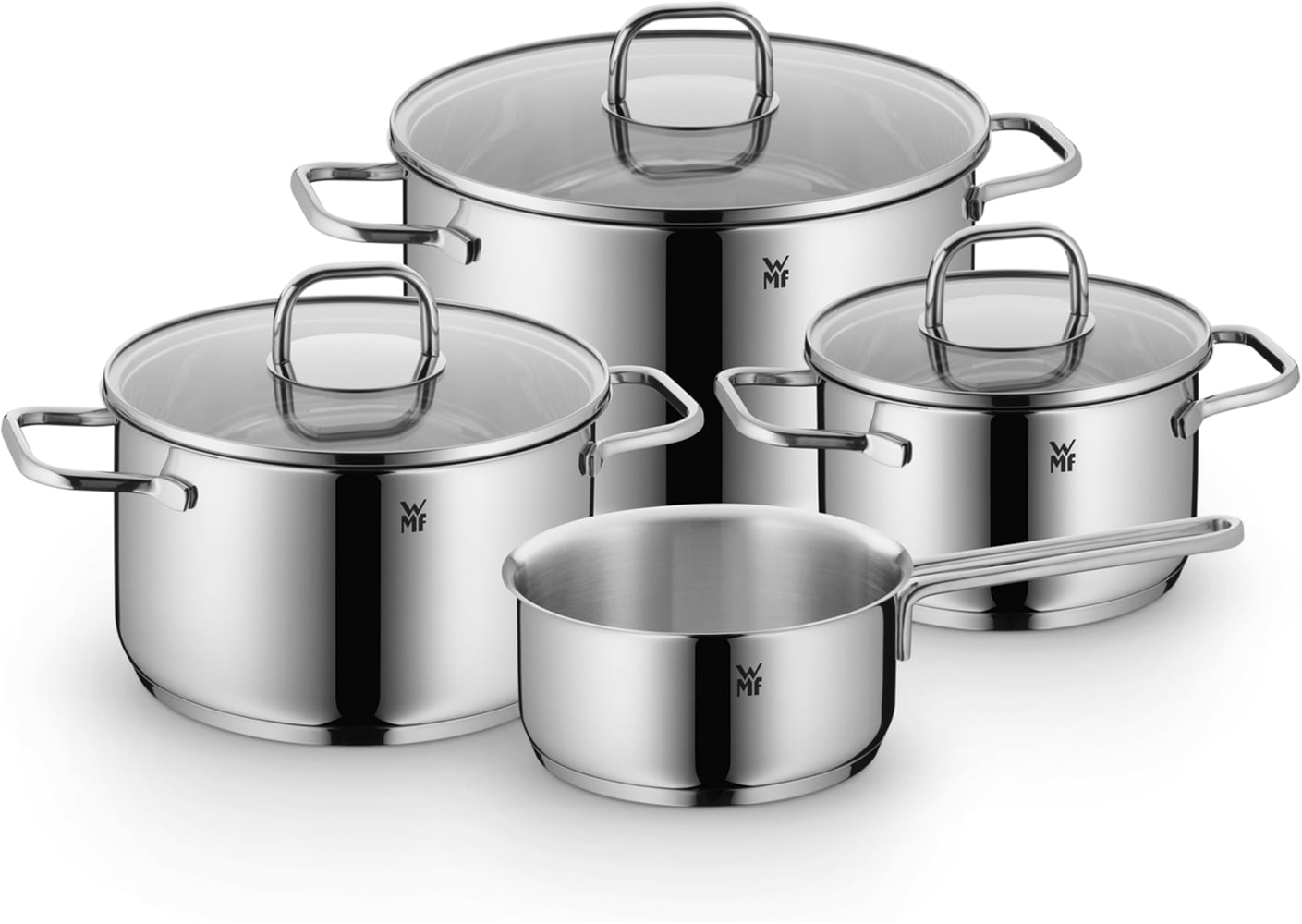 WMF Topf-Set "Inspiration Induktion, Kochtopf Set mit Glasdeckel" Set, 3x Fleischtöpfe Ø 16/20/24 cm, 1x Stieltopf Ø 16 cm, 7 Stk. tlg. Cromargan Edelstahl Rostfrei 18/10