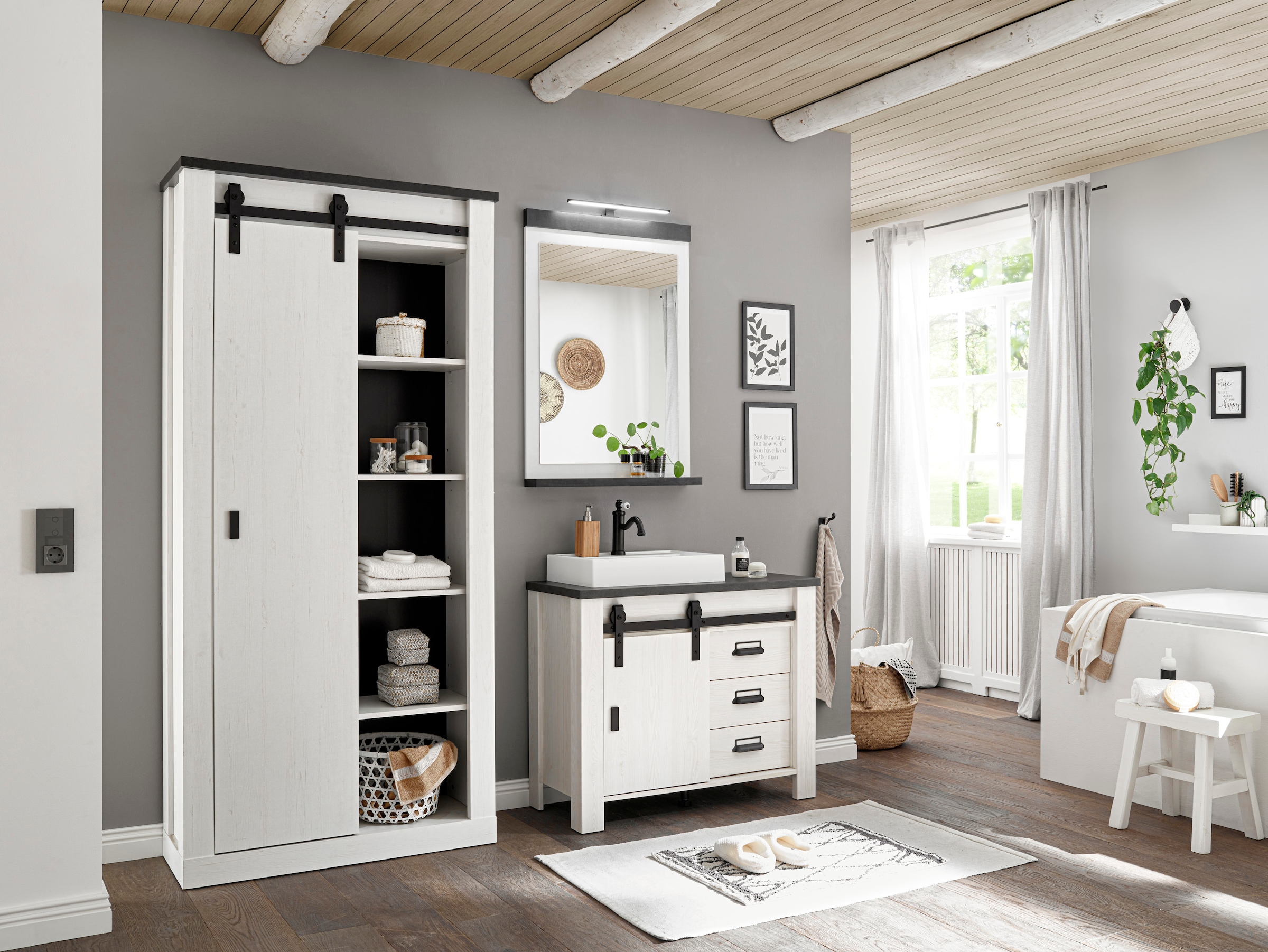 Home affaire Badmöbel-Set »SHERWOOD, Bad im modernen Design, 3-teiliges Badezimmer«, (3 St.), in 2 Farben verfügbar, Scheunentorbeschlag & Apothekergriff aus Metall