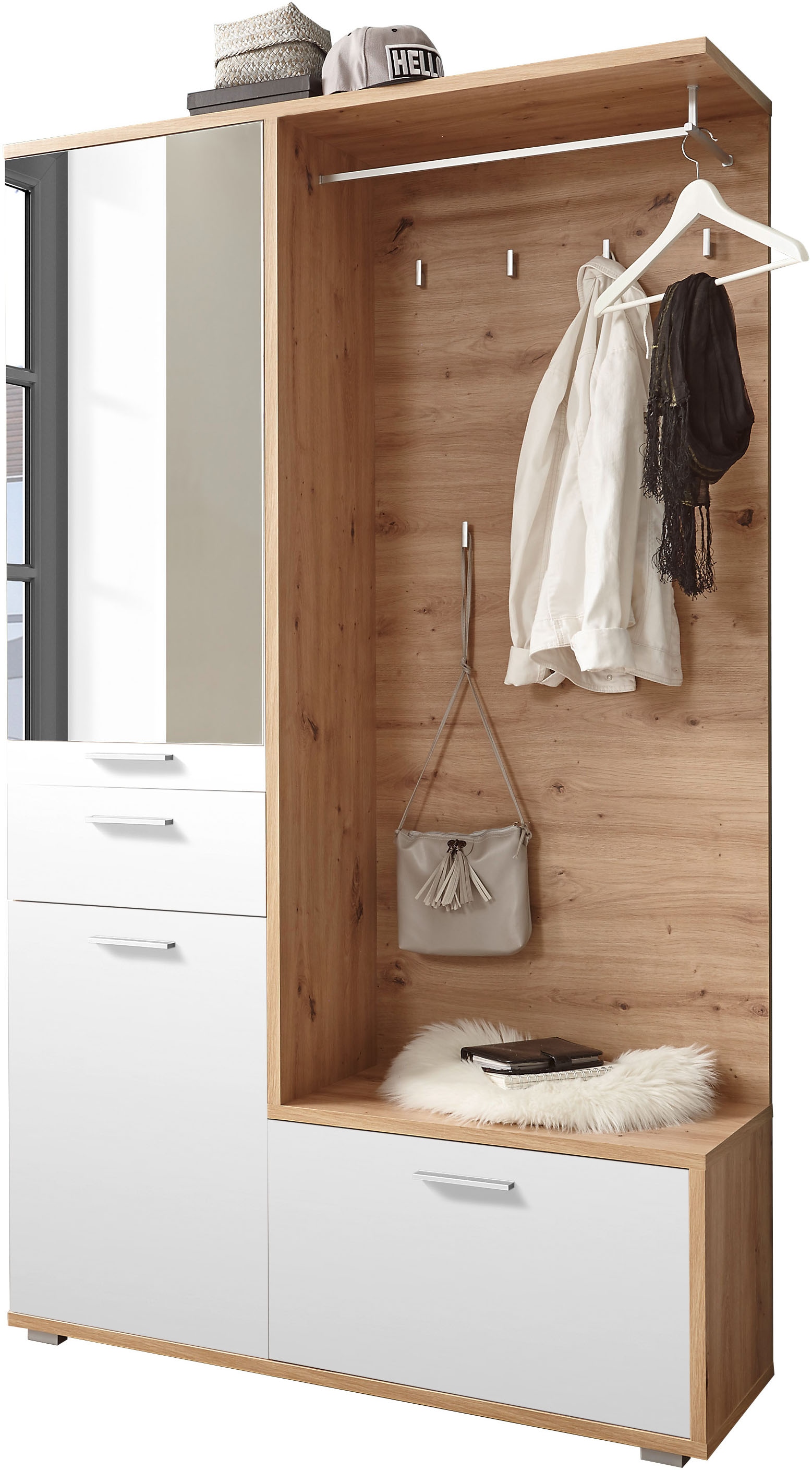 HBZ Kompaktgarderobe "Entra Garderobe, BxHxT 117x198x38 cm", (3 St.), mit Spiegel und Schubkasten