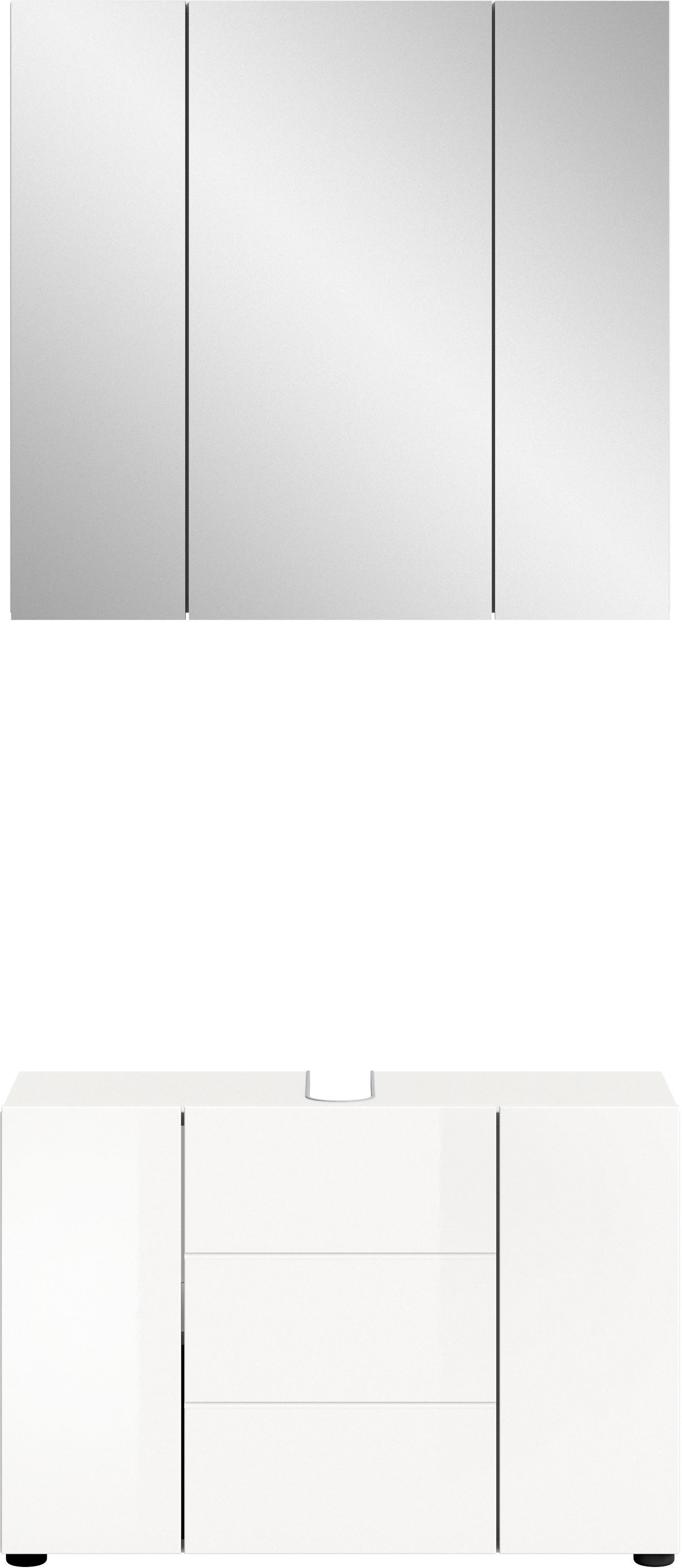 welltime Badmöbel-Set "BIEL, 2 teilig, hochwertige MDF Front, Rillenoptik" 2 teiliges Set, bestehend aus: Waschbeckenunterschrank, Spiegelschrank, 2 Stk. tlg.