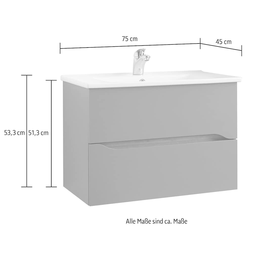 Saphir Badmöbel-Set »Quickset 3-teilig, Keramik-Waschtisch und LED-Spiegelschrank«, (5 St.), mit Midischrank, 2 Türen, 1 Nische, 2 Schubladen, inkl. Türdämpfer