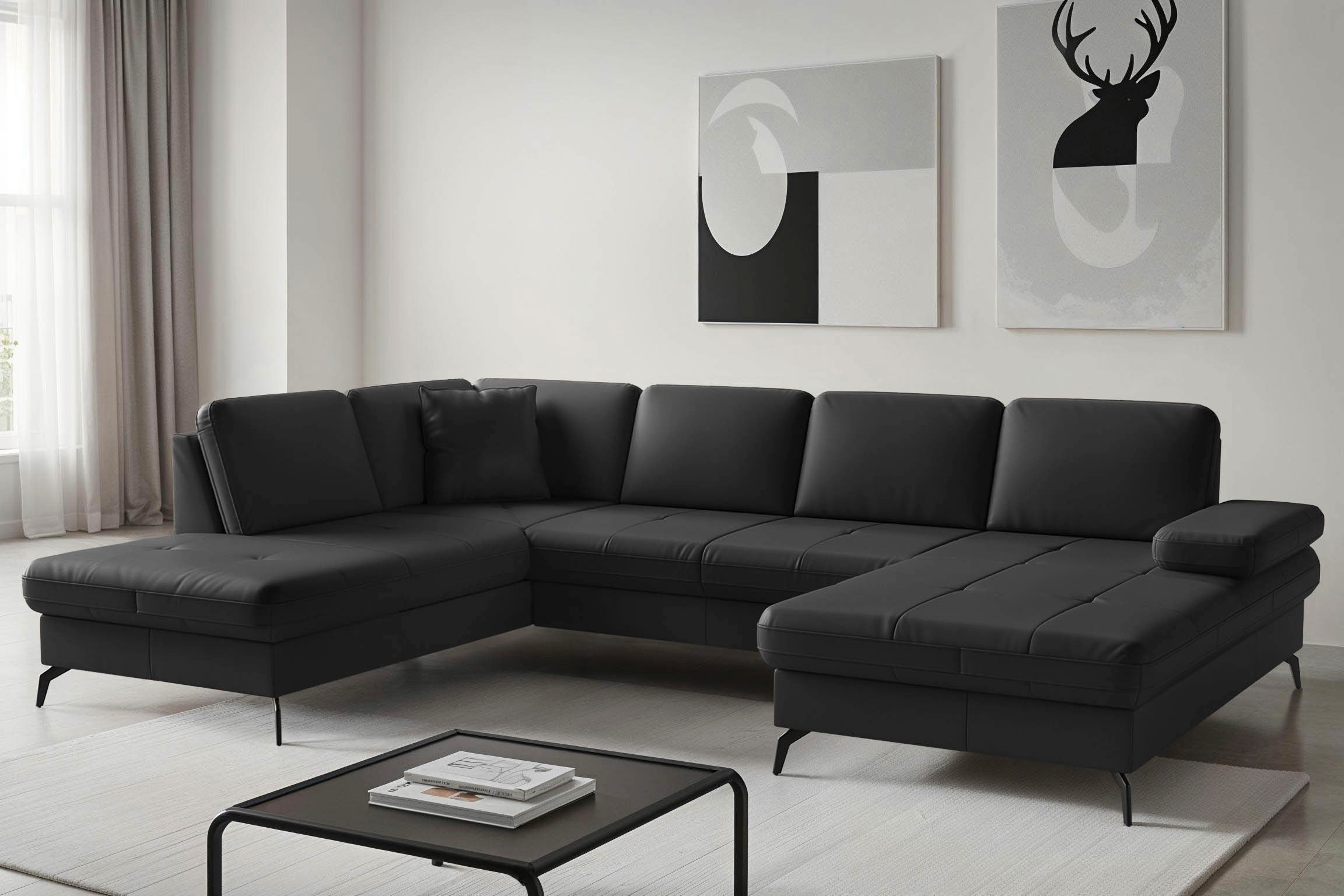 Wohnlandschaft SIT & MORE "Morris Jubi, Breite 300 cm", schwarz, Sofas, B/H/T: 300cm x 83cm x 202cm, NaturLEDER Stoff, Ottomane links, Mit Armteilverstellung,Mit Bettfunktion, Wohnlandschaft, mit Armteilfunktion, optional mit Bettfunktion, B:300cm H:83cm 