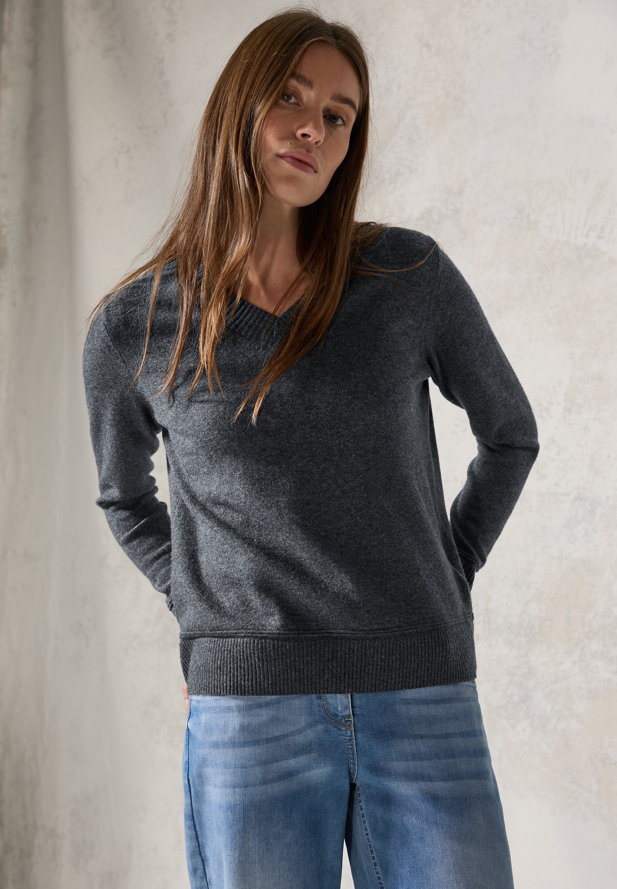 Cecil V-Ausschnitt-Pullover, im Melange Look