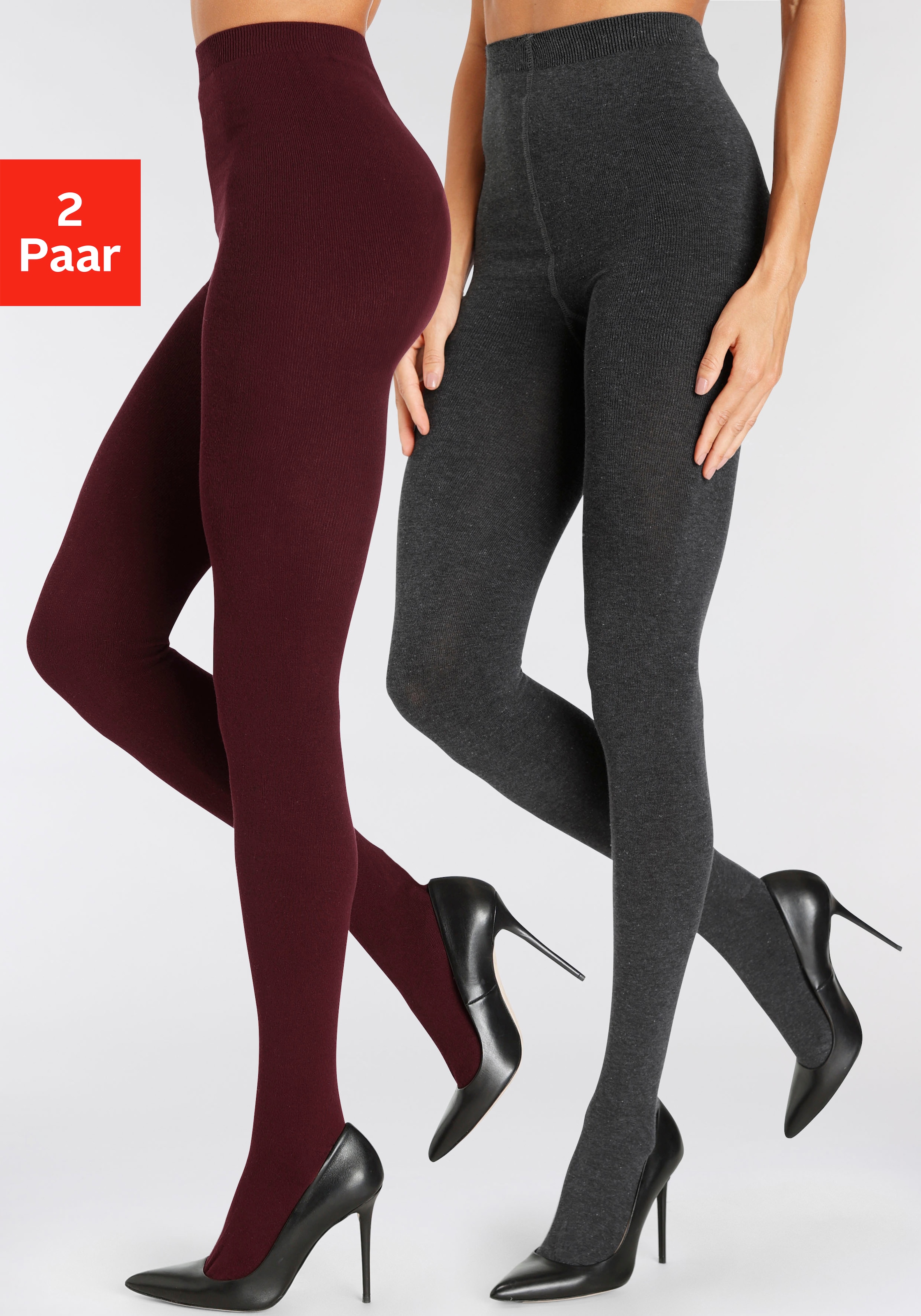 LASCANA Strickstrumpfhose "Warme Damen glatt gestrickte Baumwoll Strumpfhose" Packung, 2 Stk. aus trageangenehmer Baumwollmischung
