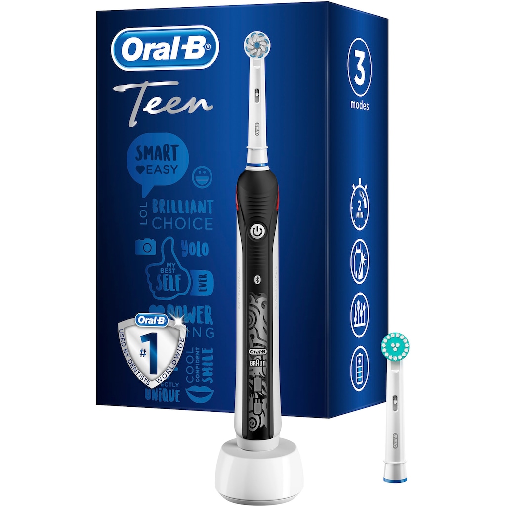 Oral B Elektrische Zahnbürste »Teen Black« 2 St. Aufsteckbürsten mit visueller Andruckkontrolle