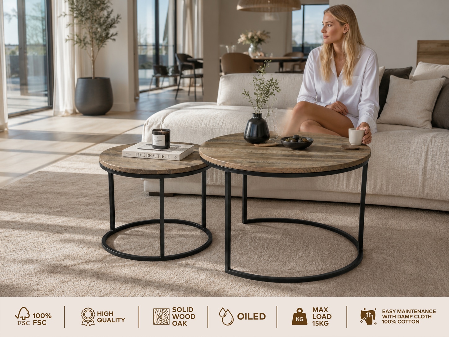 OTTO home Couchtisch »Kiruna, Wohnzimmertisch, Sofatisch, Beistelltisch, Kaffeetisch, rund« Packung,  Wildeiche geölt Natur/Smoke, rund (Ø 60 cm), Metallgestell