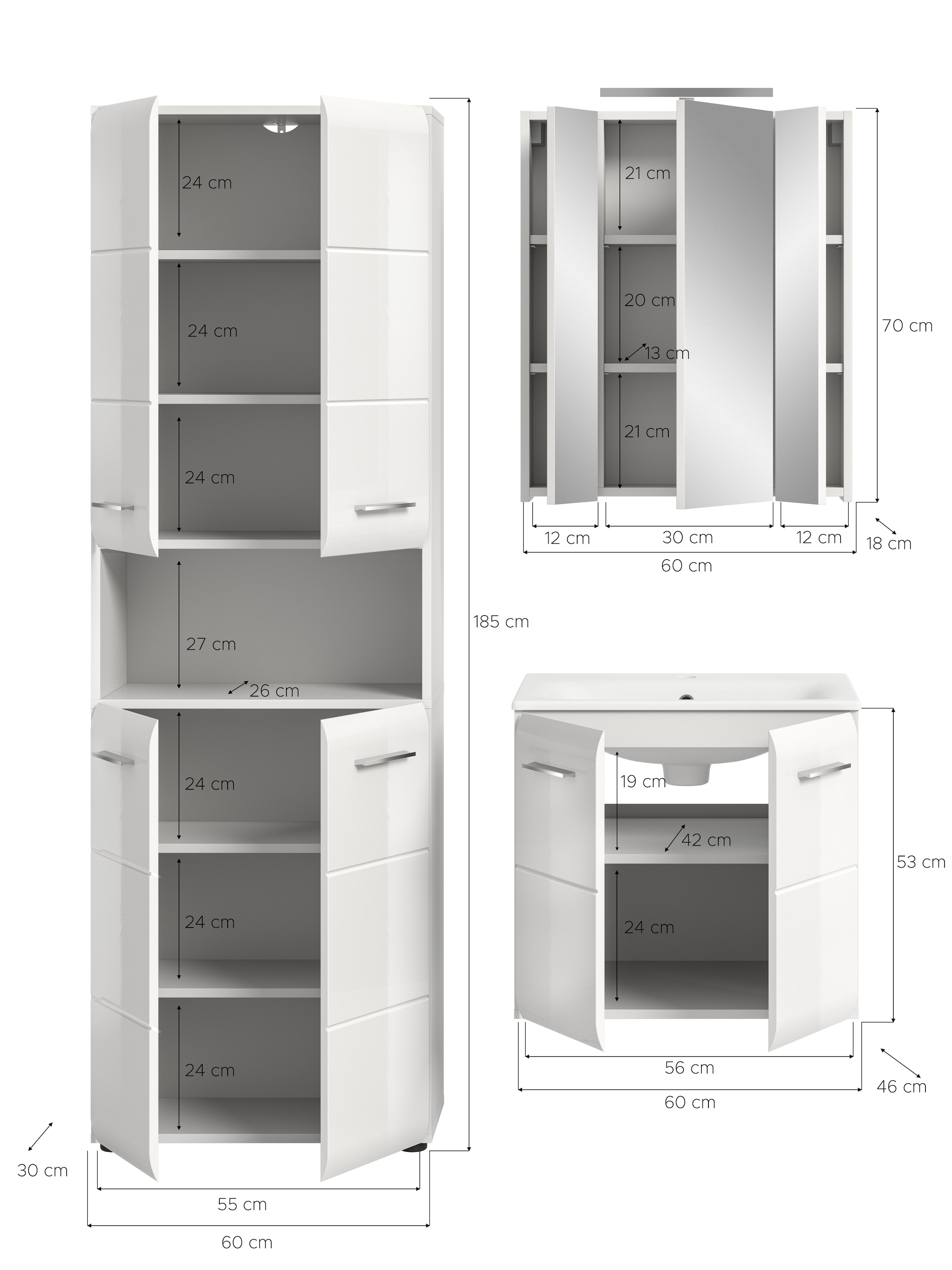 INOSIGN Badezimmer-Set, (Set, 5 St.), Florenz, Badkombination 5-tlg,Weiß hochgl. inkl. Waschbecken+Bel.