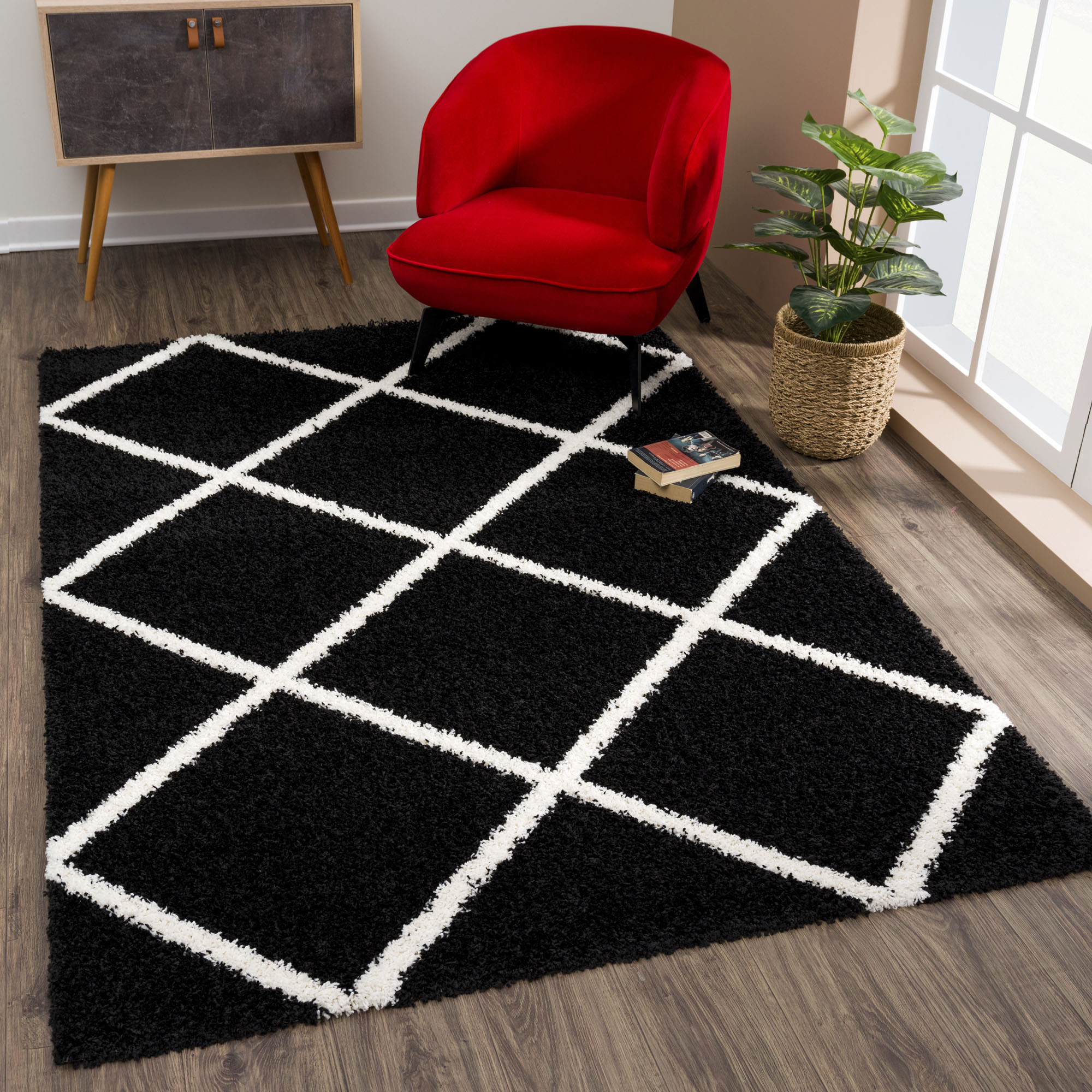 Hochflor-Teppich SANAT, B:120cm H:30mm L:170cm, schwarz, Kunstfaser, Teppiche, "Madrid", Wohnzimmer, Langflor, Shaggy Teppich