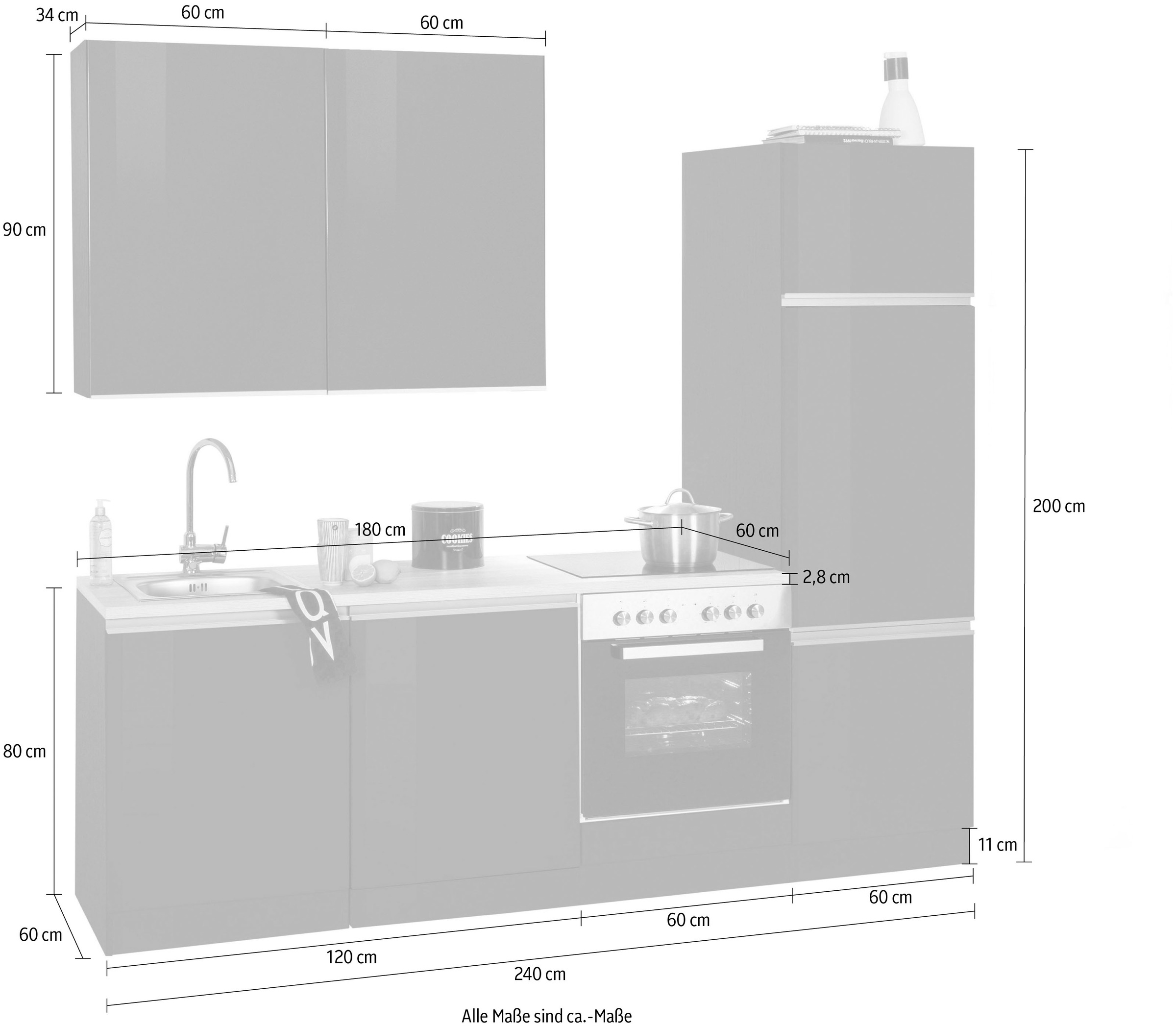 KOCHSTATION Küchenzeile »KS-Ohio«, ohne E-Geräte, Breite 240 cm
