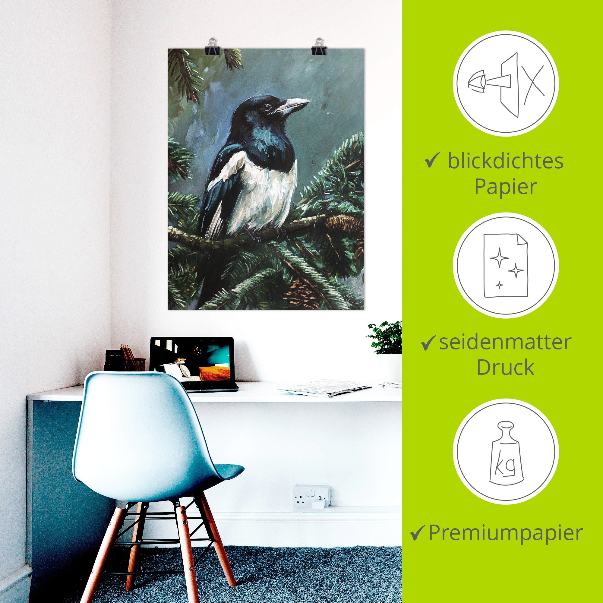 Artland Wandbild »Die Elster im Tann« Vogelbilder 1 Stk. tlg. als Alubild, Leinwandbild, Poster, Wandaufkleber in verschied. Größen