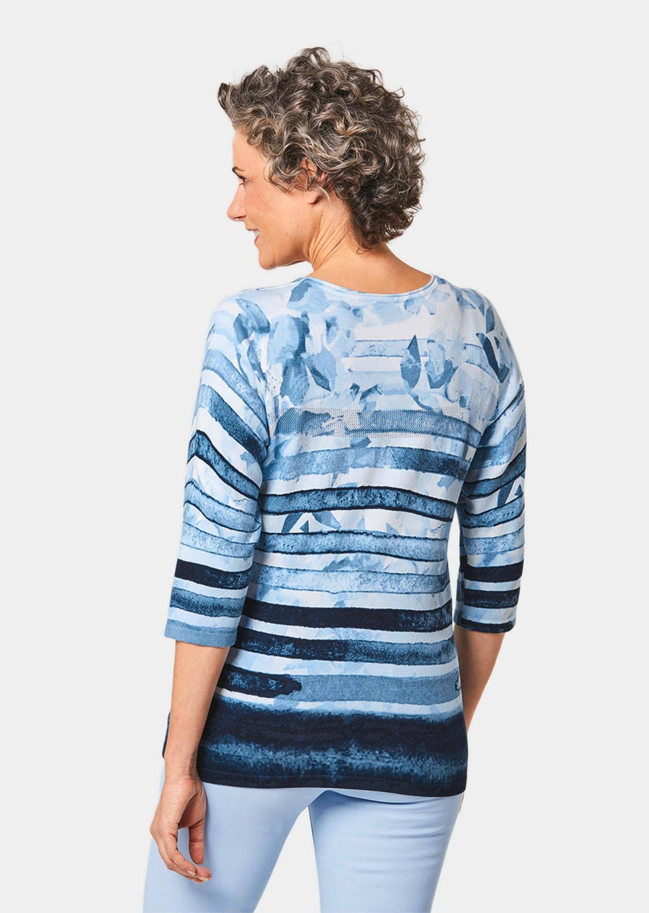 Rundhalspullover GOLDNER "Unkomplizierter Druckpullover mit schimmernden Schmucksteinen", Damen, Gr. 40, blau (blau, gemustert), Obermaterial: 70% Viskose CV. 30% Polyamid PA., normales Bündchen, Pullover Rundhalspullover, Mit Glitzersteinen 3