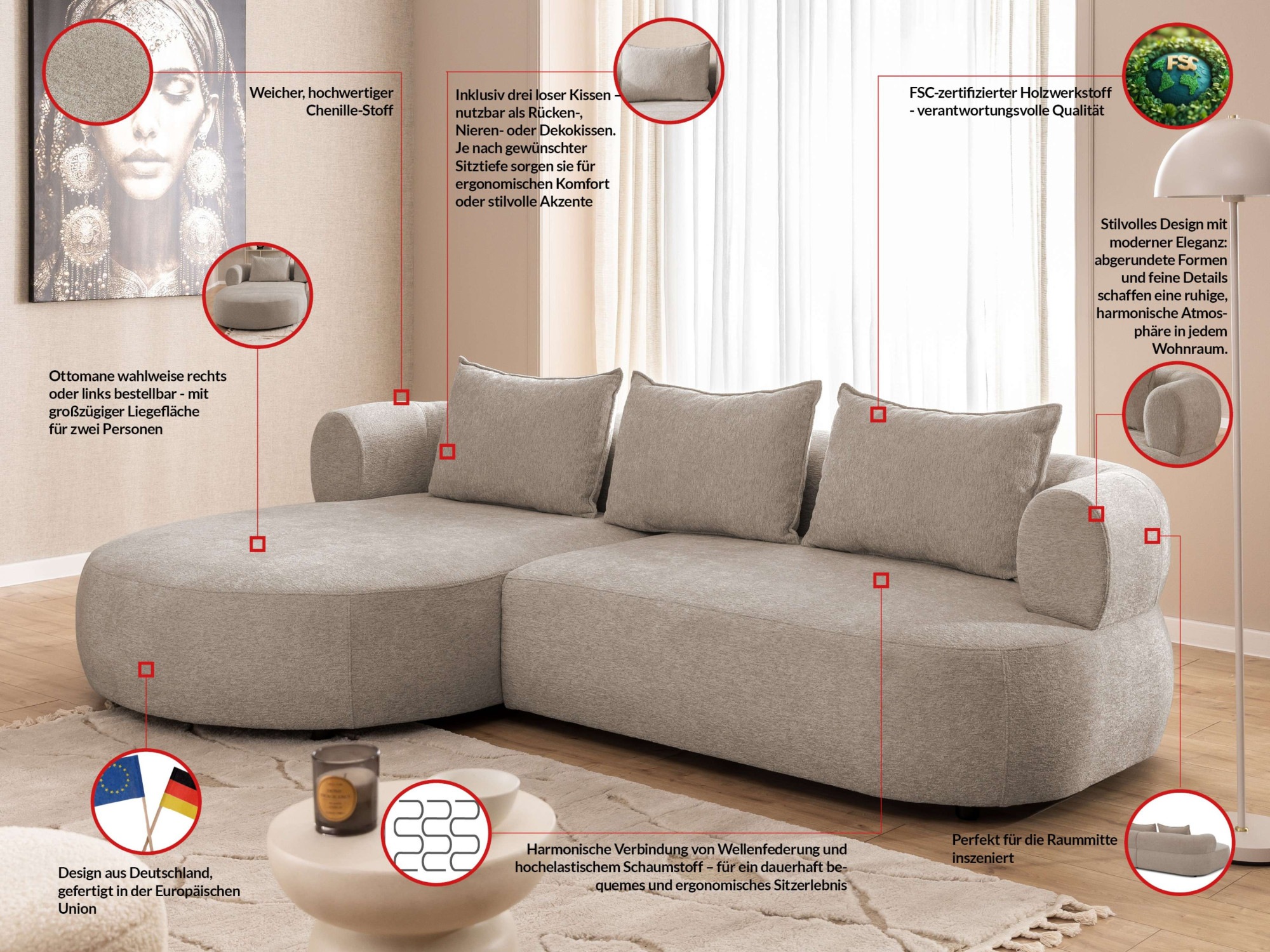 Thumbnail - Home affaire Ecksofa "LUSSAC L-Form Design-Sofa mit Zierkissen, Maße B/T/H: 257/159/78 cm" hoher Sitzkomfort und moderne...