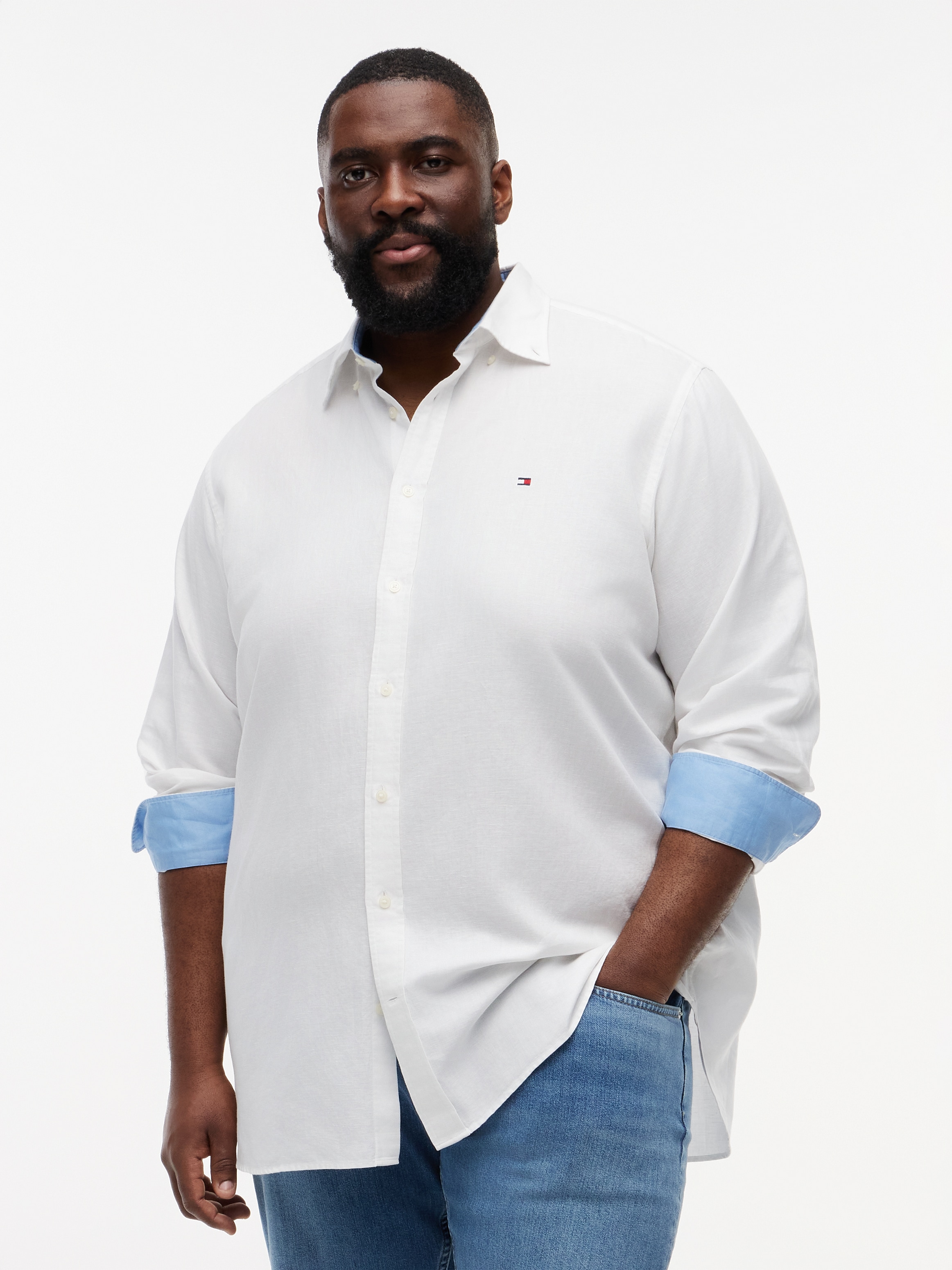Langarmhemd "BT- LINEN", Herren, Gr. 3XL, N-Gr, weiß, Web, Obermaterial: 52% Baumwolle, 48% Leinen, TOMMY HILFIGER BIG & TALL, regular fit normal, Manschette, Hemden, Große Größen Regular Fit Button-down-Leinenmix