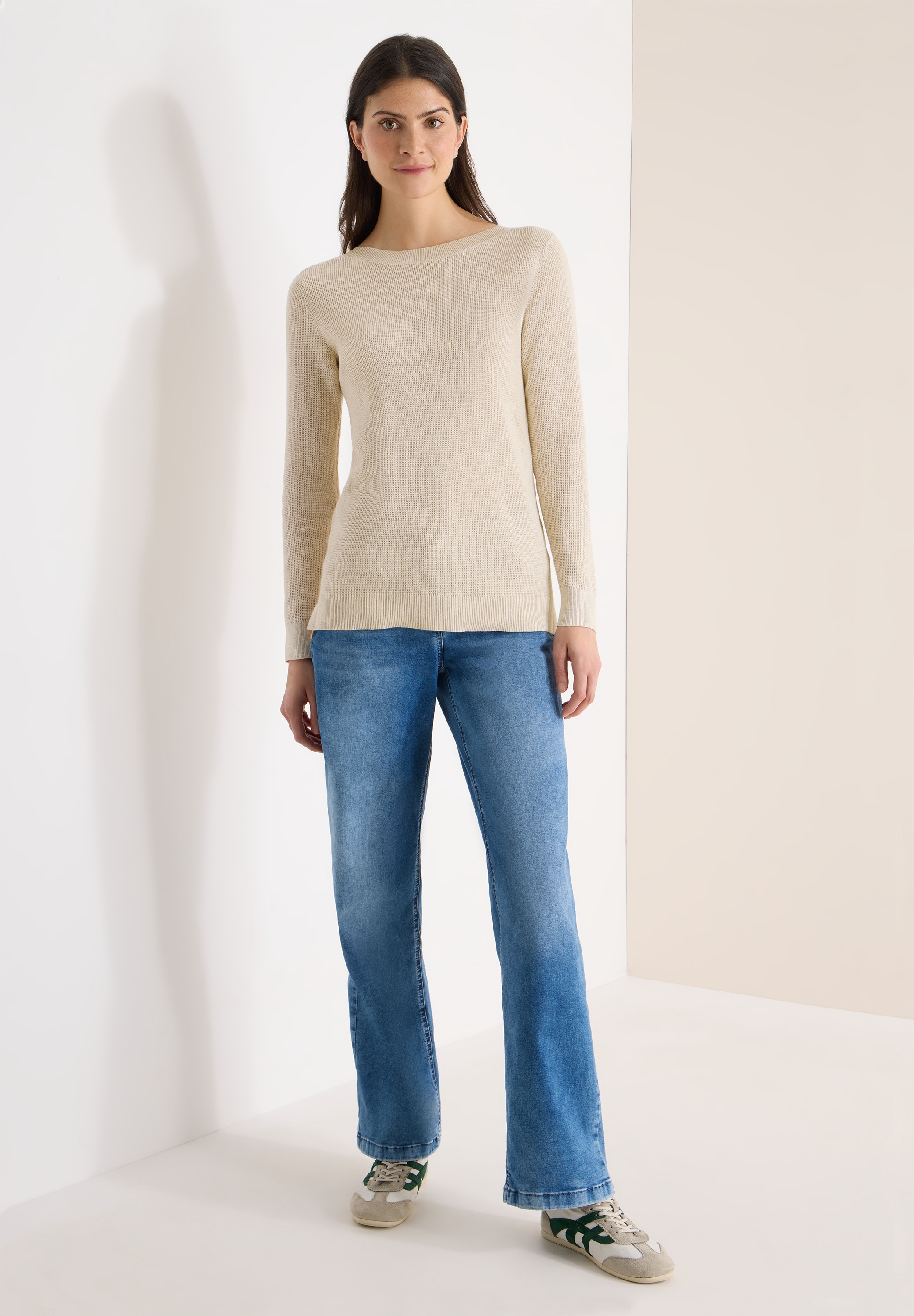 Strickpullover CECIL, Damen, Gr. M (40), egg beige melange, Strick, Obermaterial: 60% Baumwolle, 40% Viskose, unifarben, lässig geschnitten hüftbedeckend, Rundhals, Pullover Strickpullover, mit U-Boot-Ausschnitt