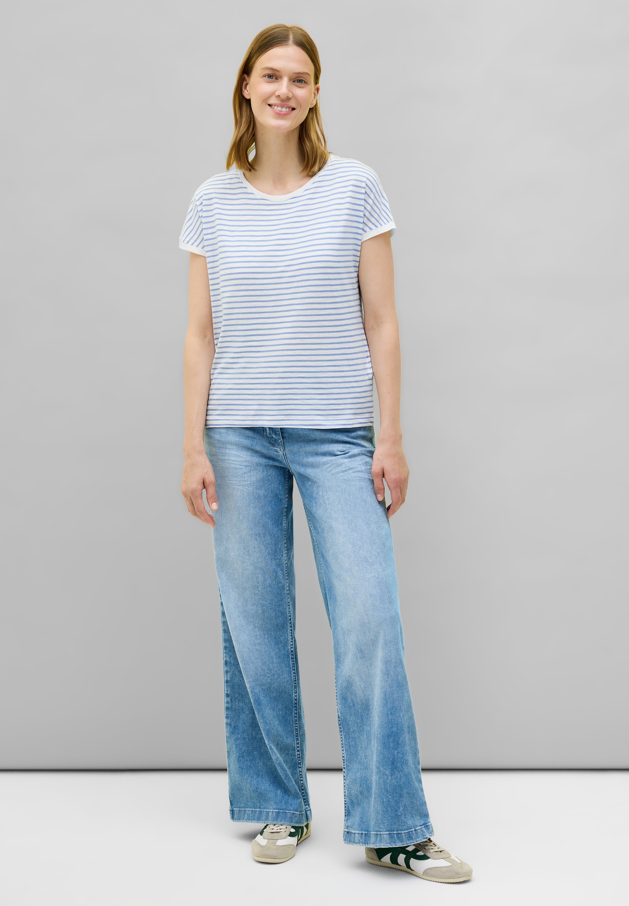 T-Shirt CECIL, Damen, Gr. XXL (46), blau (deep pastel blau), Web, 50% Baumwolle, 50% Modal, gestreift, normal normal, Rundhals, Umschlagbund, Shirts T-Shirt, im Streifendesign 2