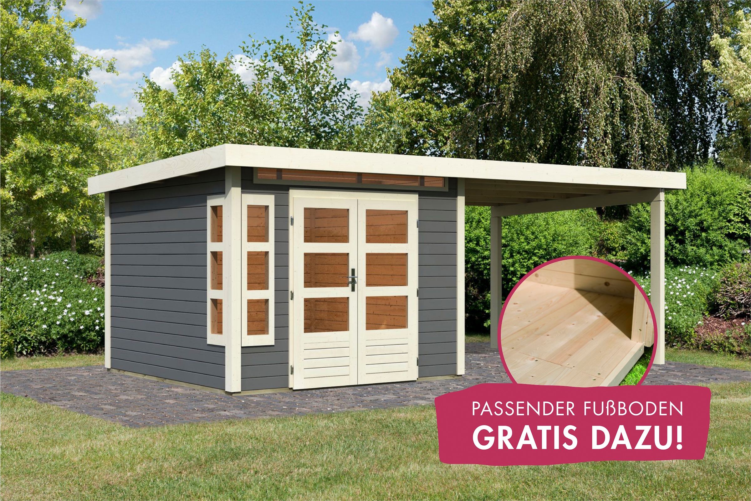 Karibu Gartenhaus "Kolimasee 6" mit Anbaudach 3,2 m, terragrau günstig online kaufen